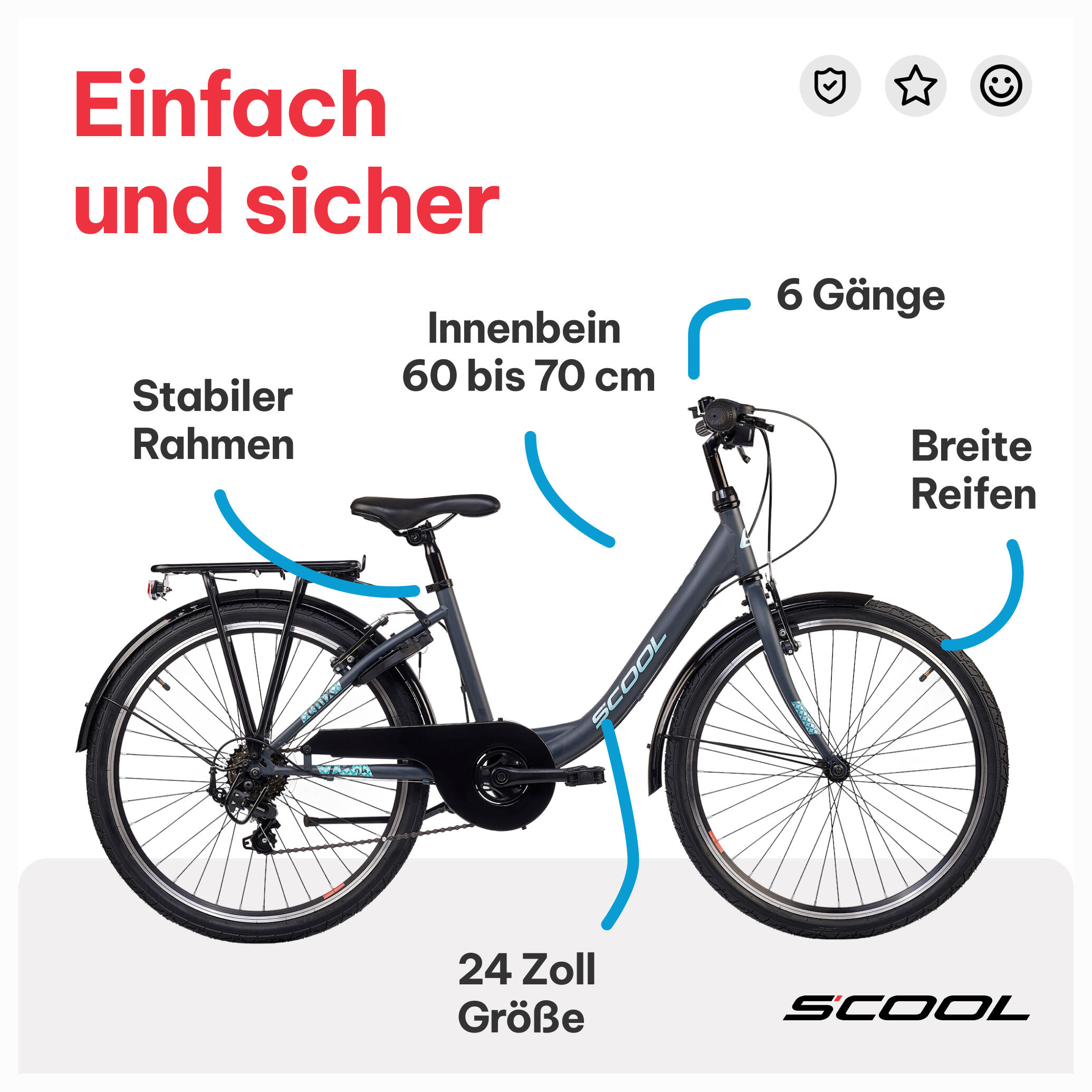 chiX, 24 Zoll Kinderfahrrad, 6-Gang, Dunkelgrau/Türkis, 130–145 cm 5/7