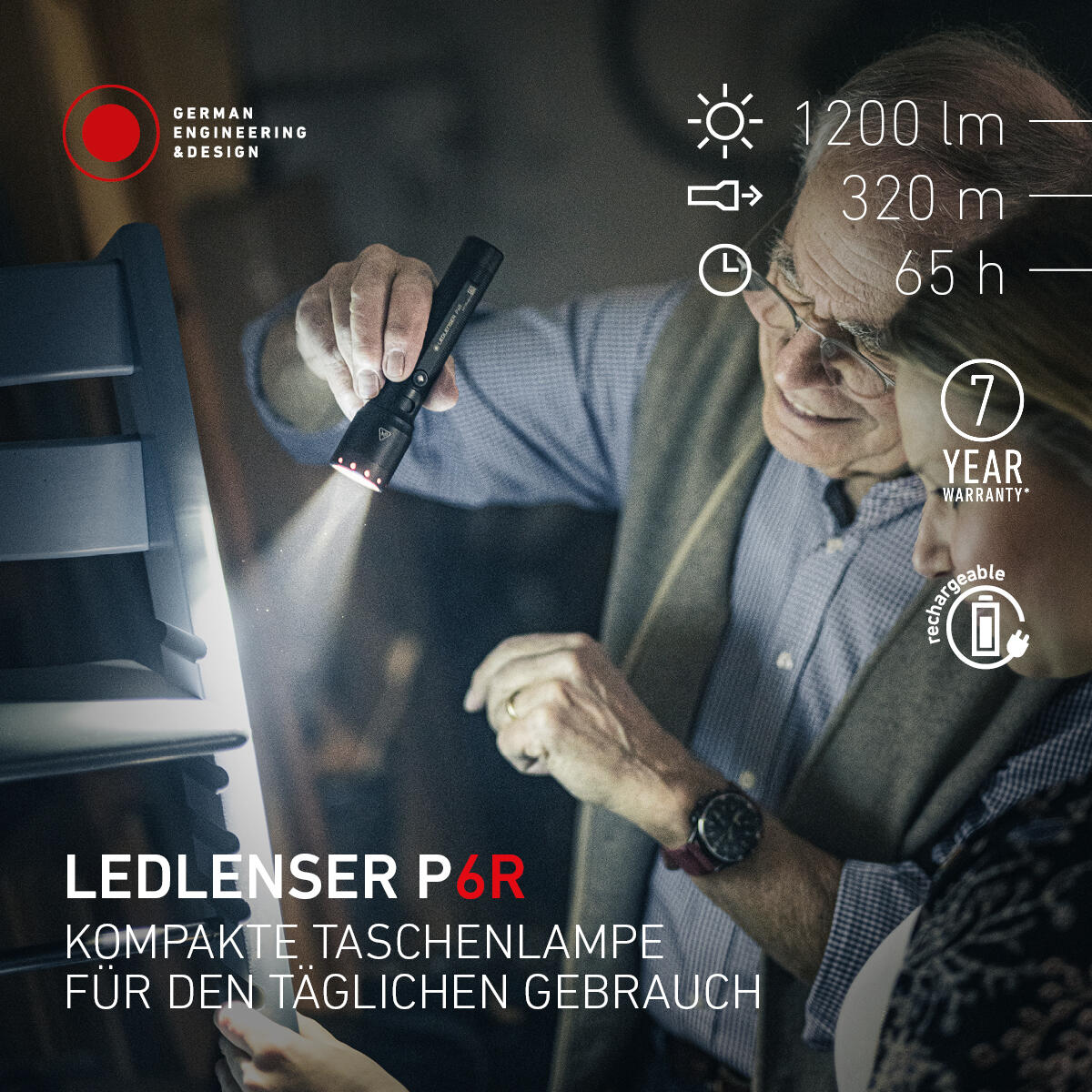 Lampe torche LED rechargeable – 1200 lm, IP68, portée 320 m, USB-C – P6R 3/7