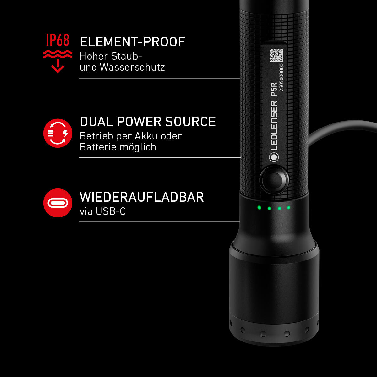 Lampe torche LED rechargeable – 750 lm, IP68, portée 280 m, USB-C – P5R 2/7