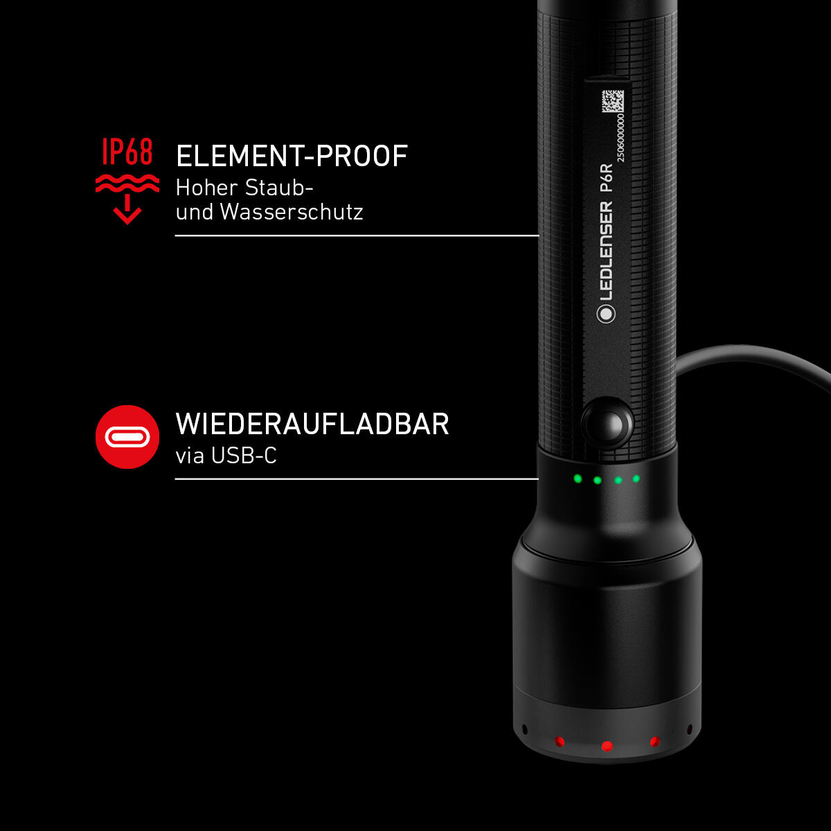 Lampe torche LED rechargeable – 1200 lm, IP68, portée 320 m, USB-C – P6R 2/7