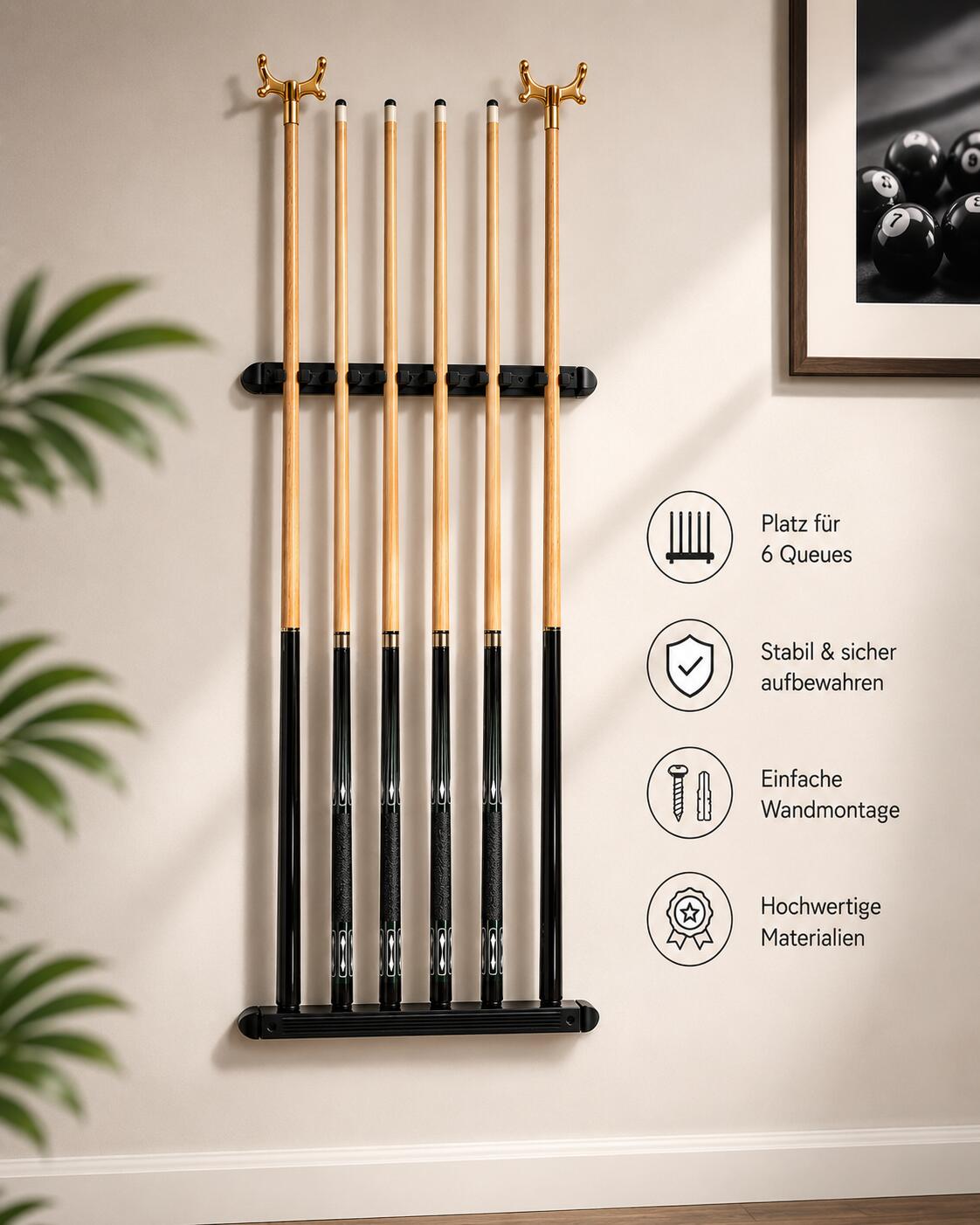 Set da biliardo - supporto a parete+4 stecche professionali+stecche da bridge 5/6