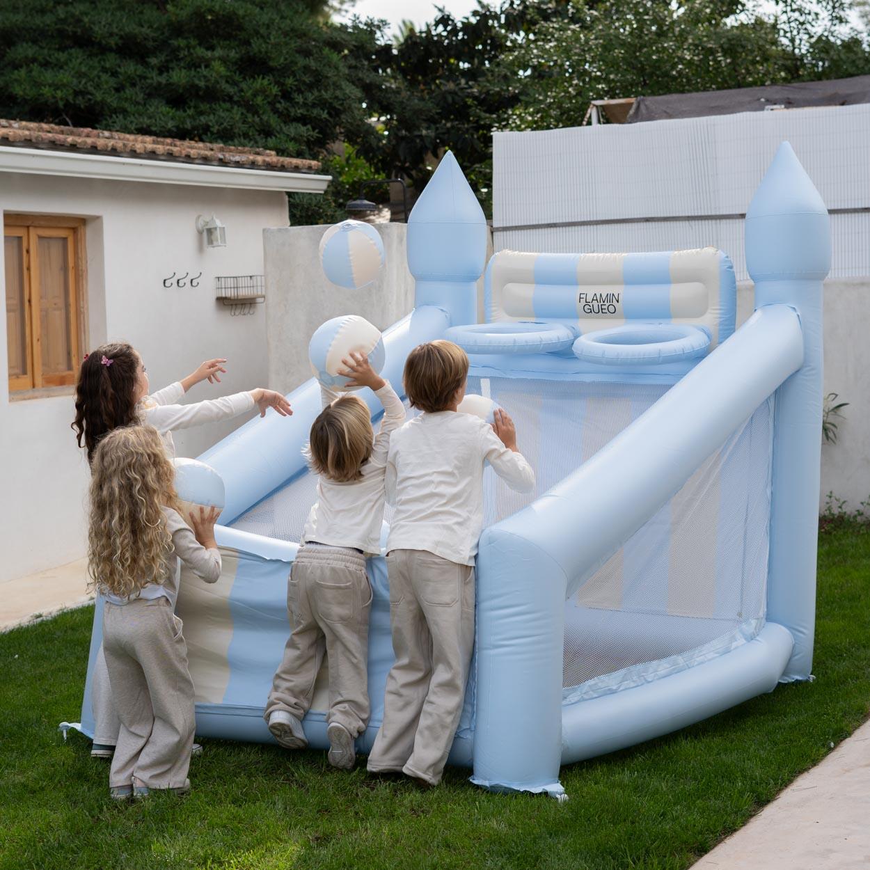 Flamingueo panier gonflable enfant bleu pvc 6 balles gonfleur 200cm 2/7