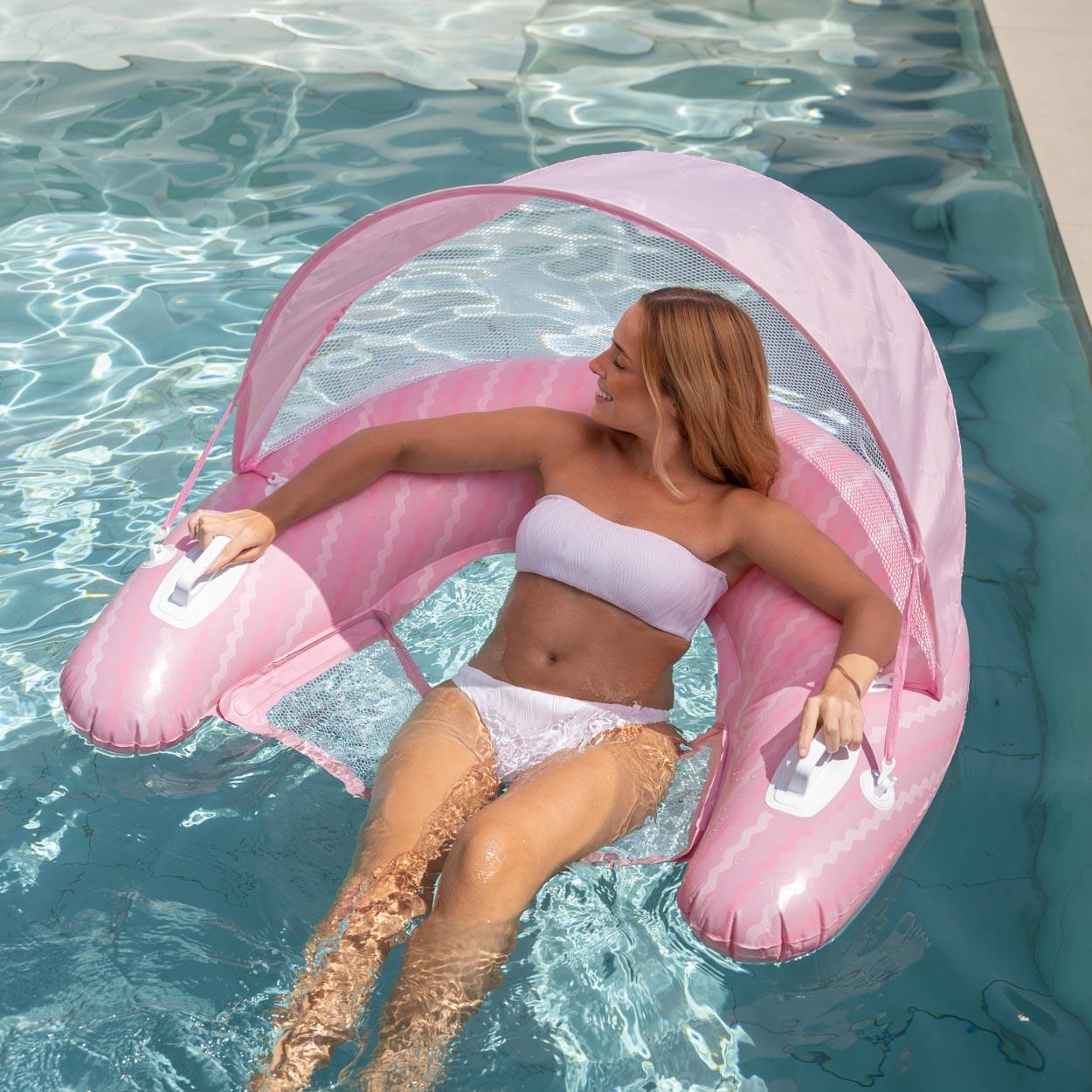 Flamingueo Flotador Asiento PVC Con Rejilla Y Parasol Rosa 6/7