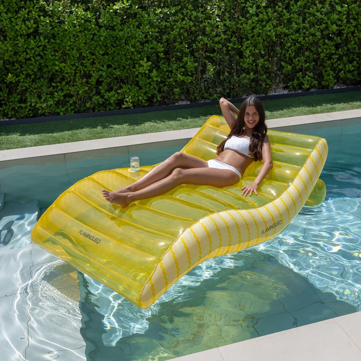 Flamingueo Colchoneta Hinchable Piscina XL 2 Personas Con Posavasos Amarillo 2/7