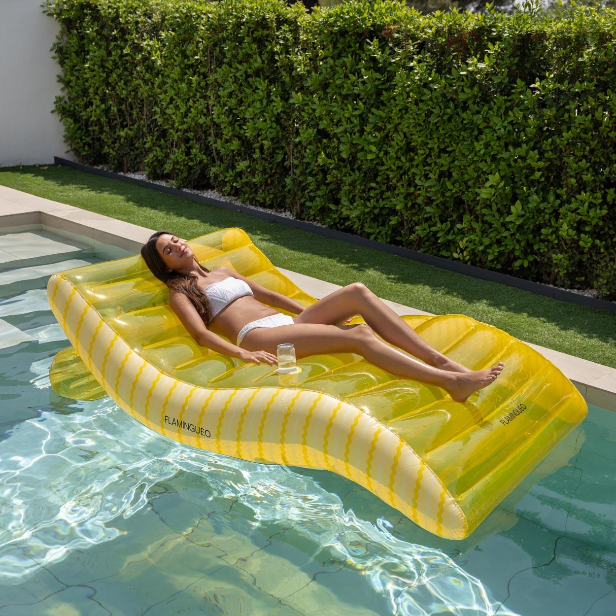 Flamingueo Colchoneta Hinchable Piscina XL 2 Personas Con Posavasos Amarillo 5/7