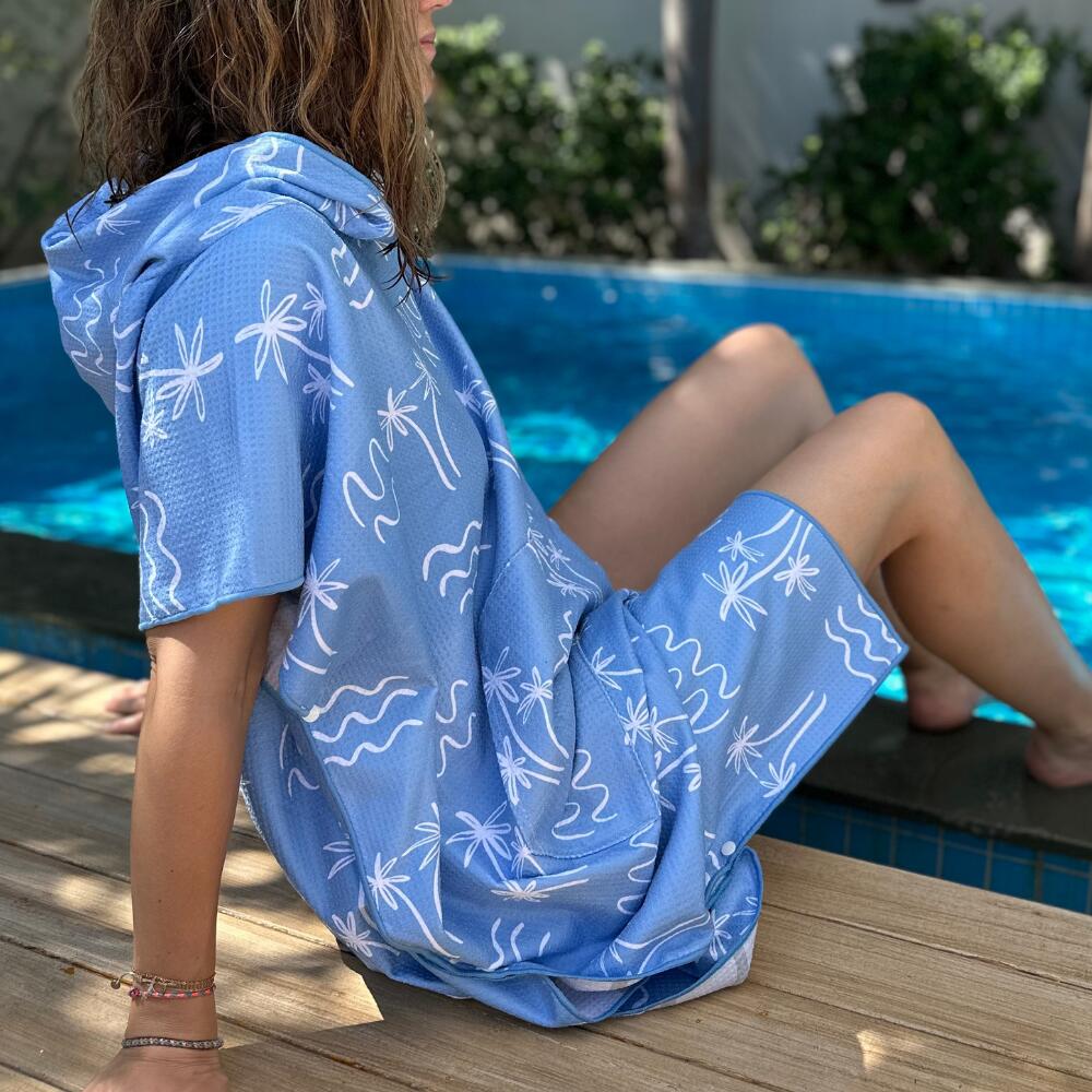 Poncho de bain adulte 80 x 110 cm, bleu à motifs palmiers et vagues 6/7