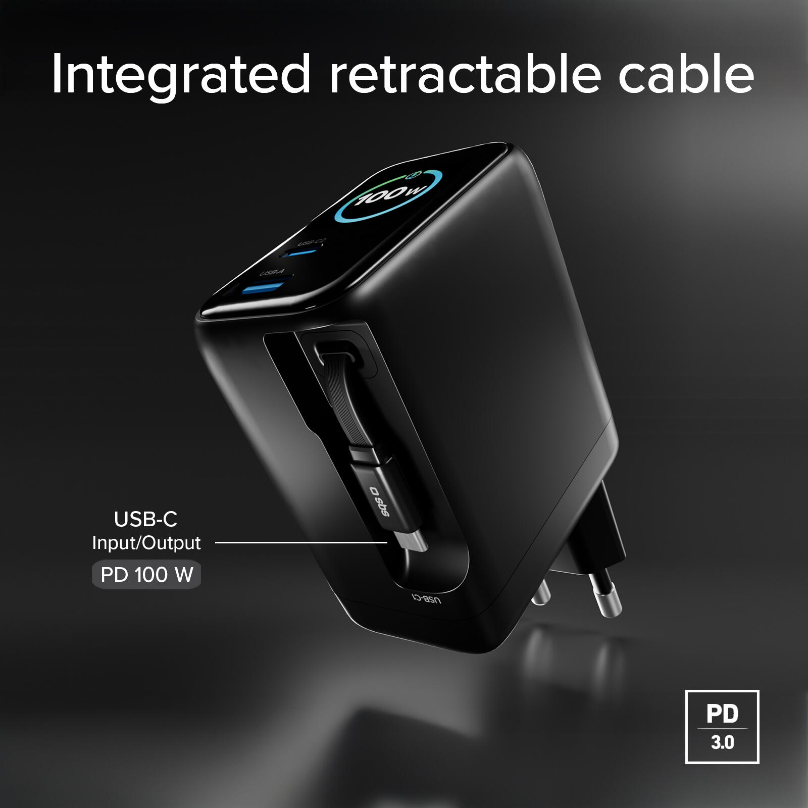 Caricatore 100W USB‑C/USB‑A con cavo estendibile 5/7