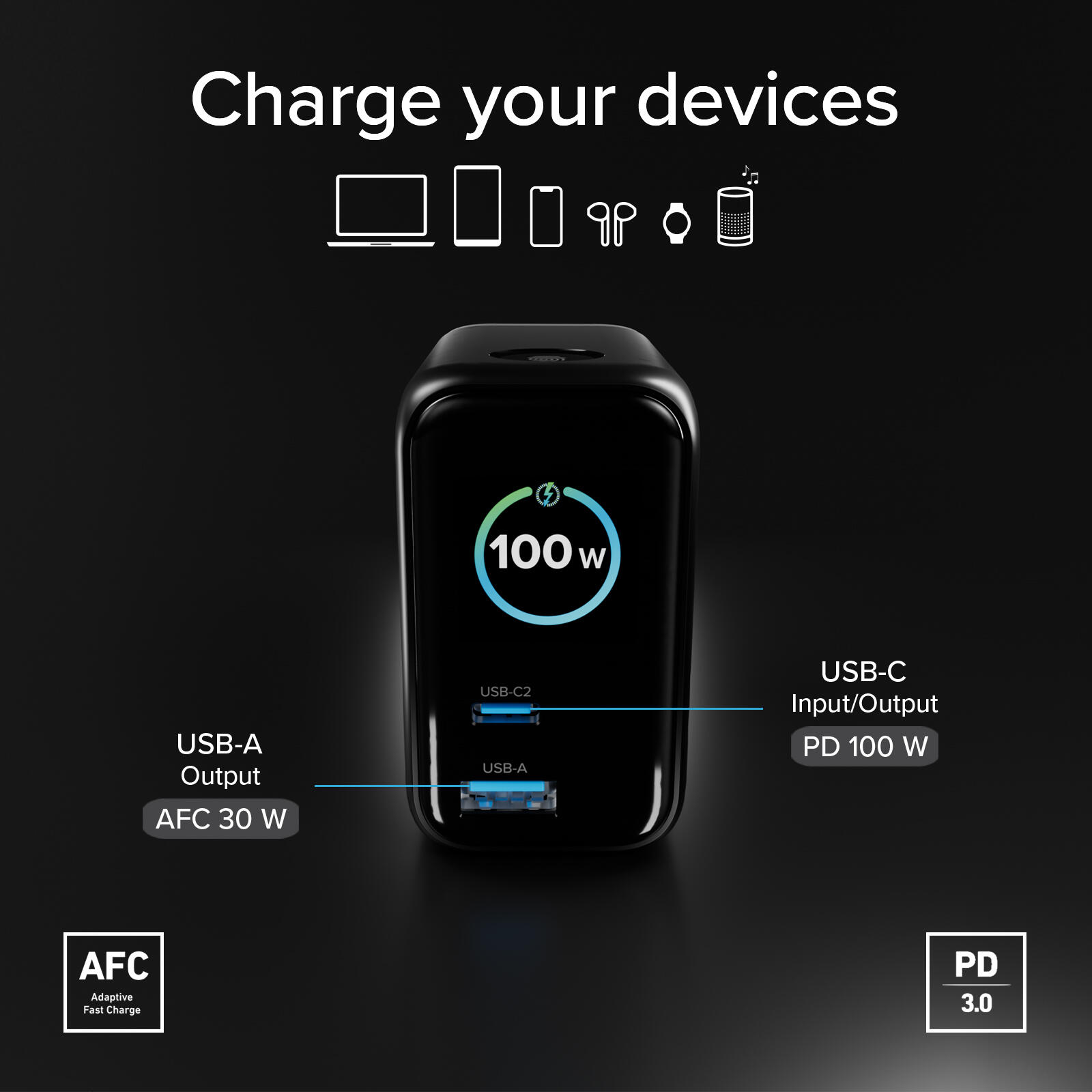 Caricatore 100W USB‑C/USB‑A con cavo estendibile 4/7