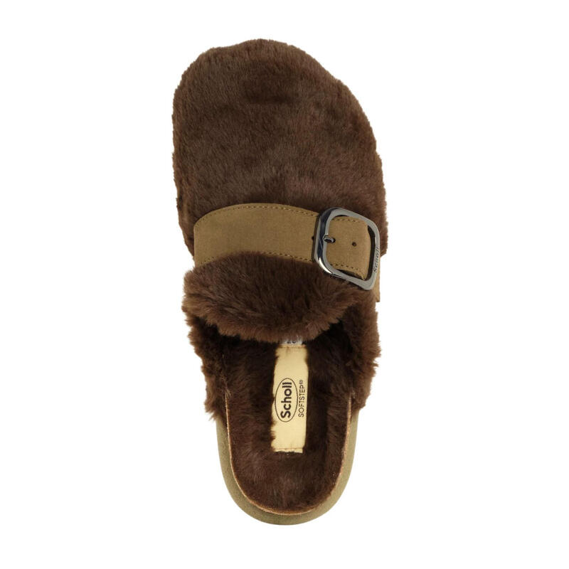 Șlapi Scholl Ivy Big Buckle din piele cu blană verzi pentru femei
