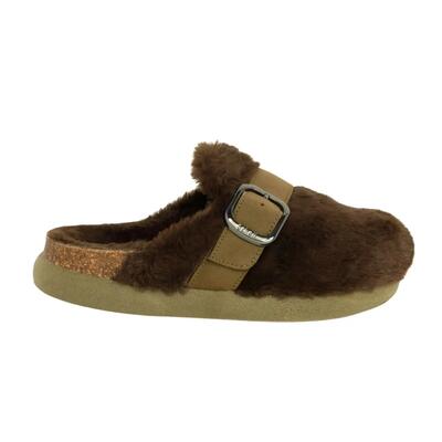 Damesklompen scholl ivy big buckle leer met bont groen