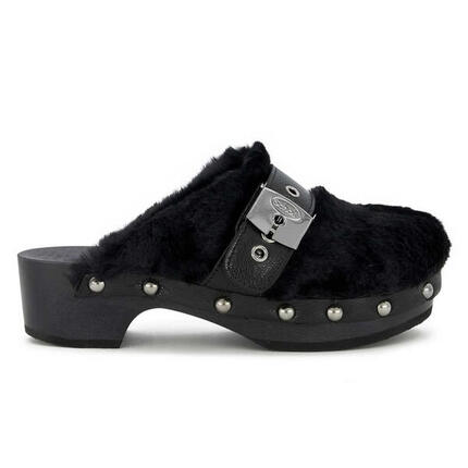 Scholl Pescura Alaska Damen-Pantoletten Holzclogs schwarz mit Fell
