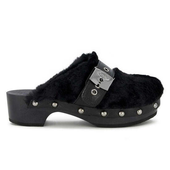 Scholl Pescura Alaska Damen-Pantoletten Holzclogs schwarz mit Fell