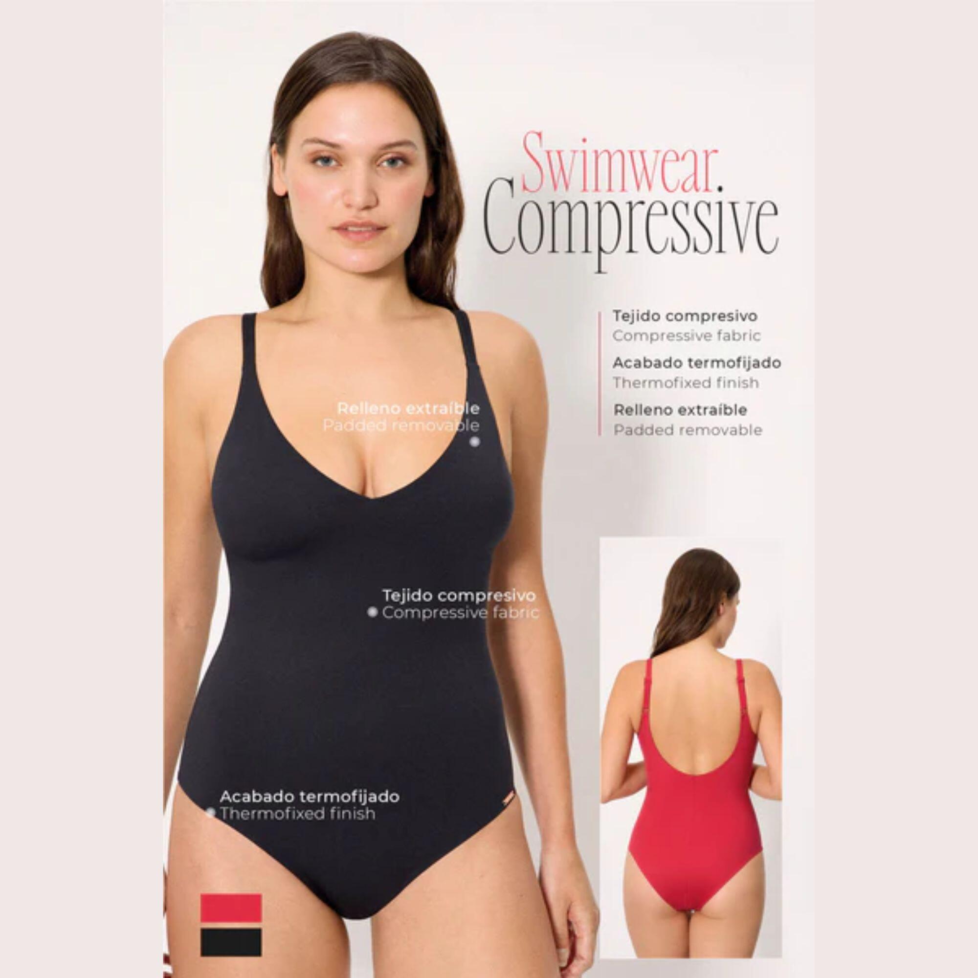 Maillot de bain gainant amincissant, rouge, bonnet C 2/7