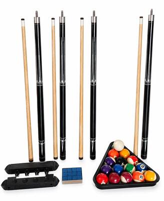 Compleet biljartset – 4 keus, 1 set ballen, driehoek, krijt + muurhouder