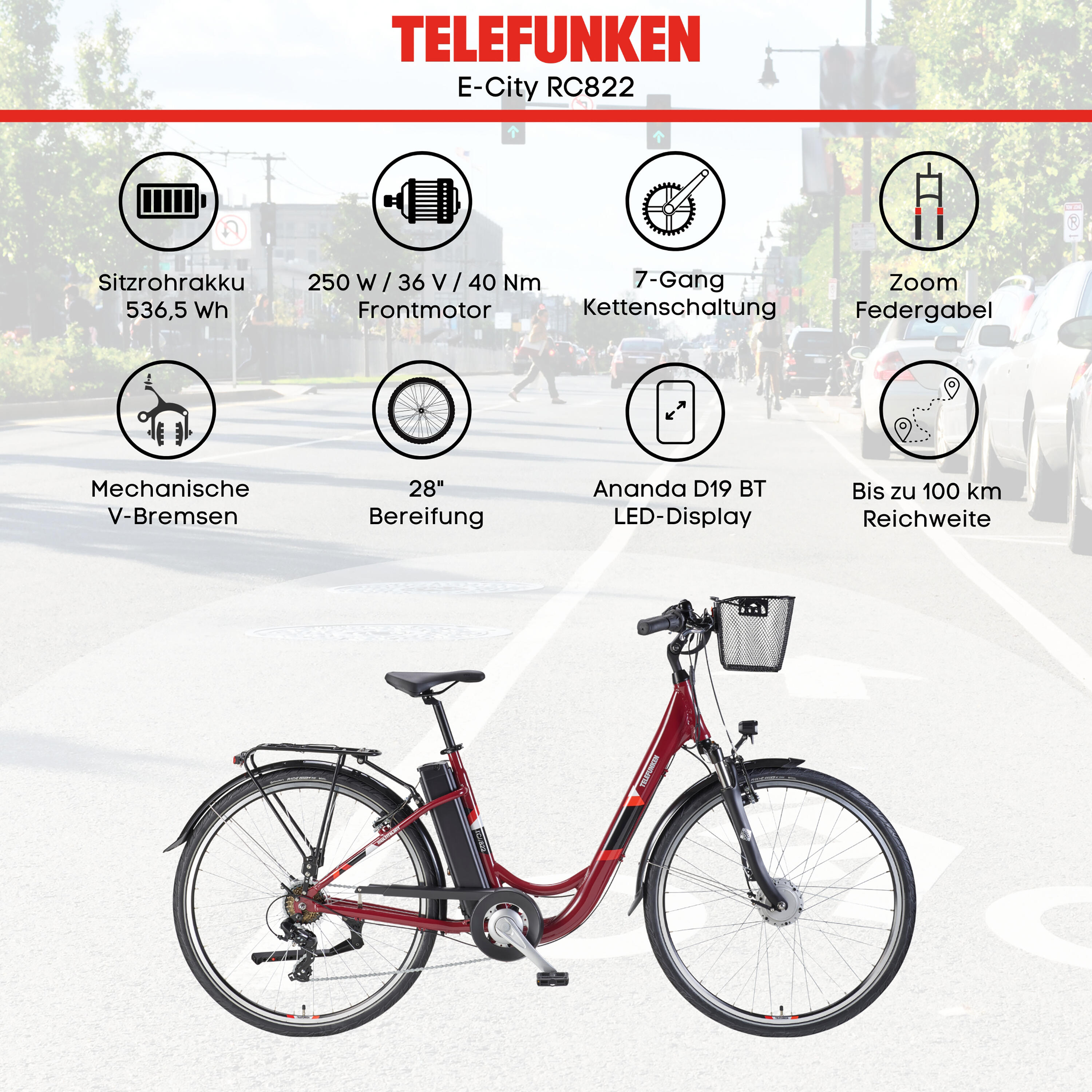 E-Bike RC822 28 Zoll 7-Gang Pedelec City Elektrofahrrad Herren Damen rot 5/7