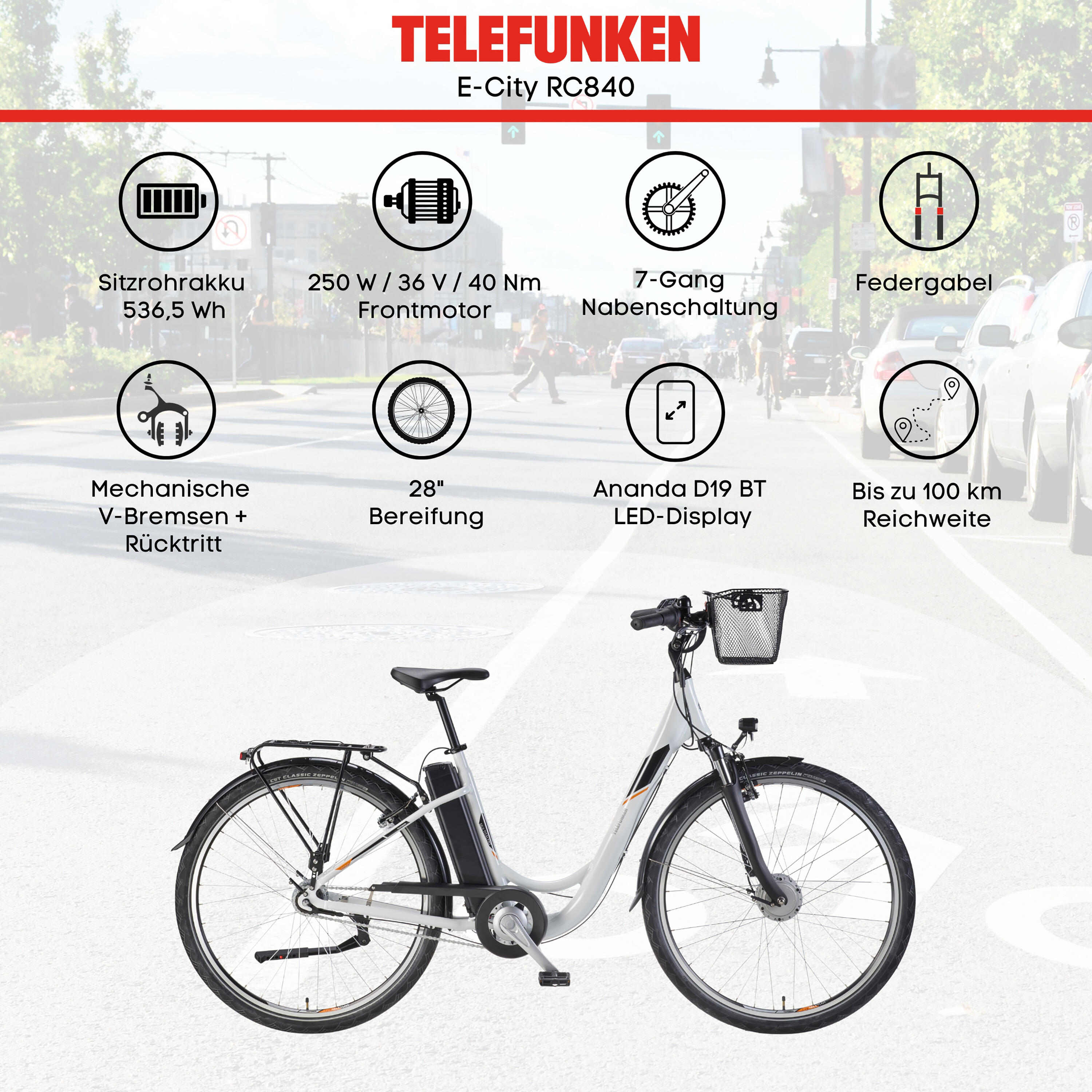 E-Bike RC840 28 Zoll 7-Gang Pedelec City Elektrofahrrad Herren Damen weiß 6/7