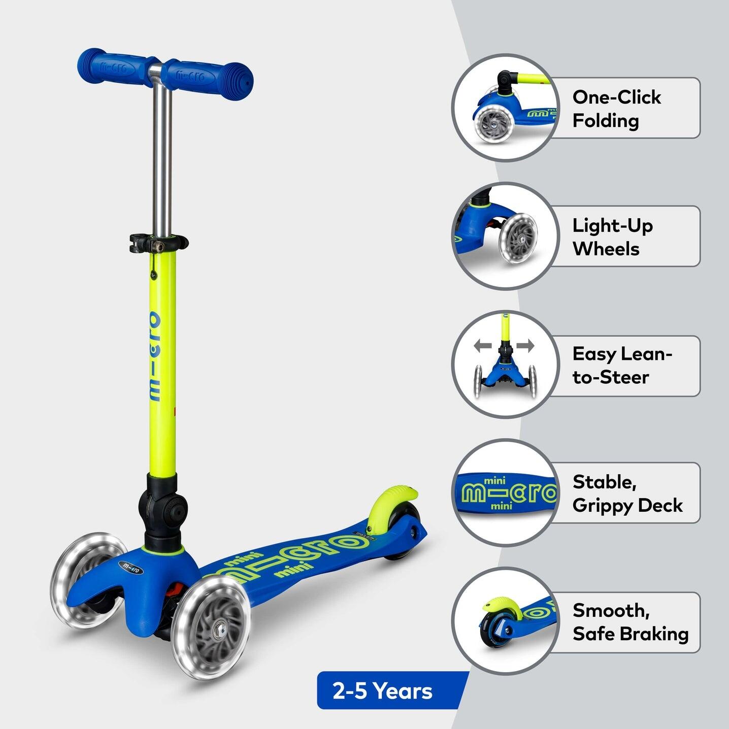 Patinete 3 Ruedas Micro Mini Deluxe Plegable NEON LED Azul-Amarillo 7/7