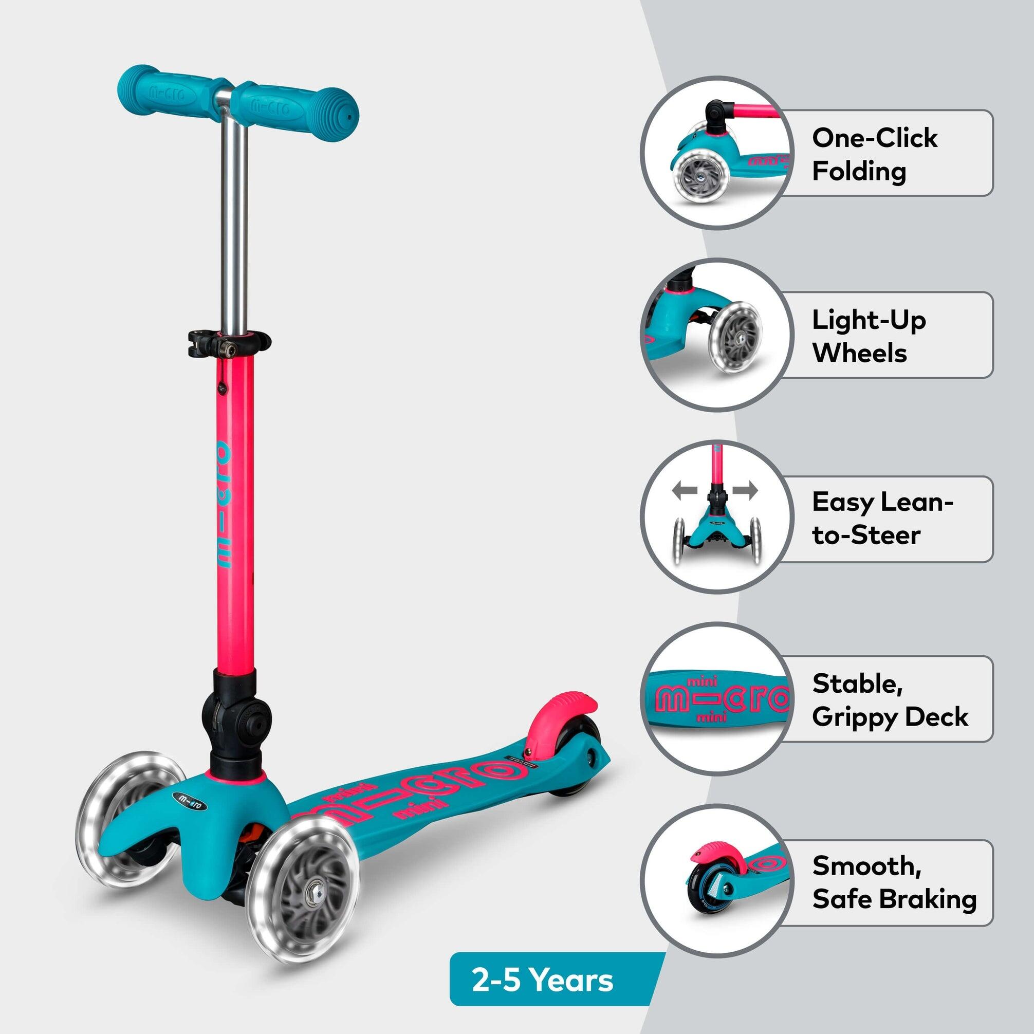 Patinete 3 Ruedas Micro Mini Deluxe Plegable NEON LED Aqua-Fucsia 7/7