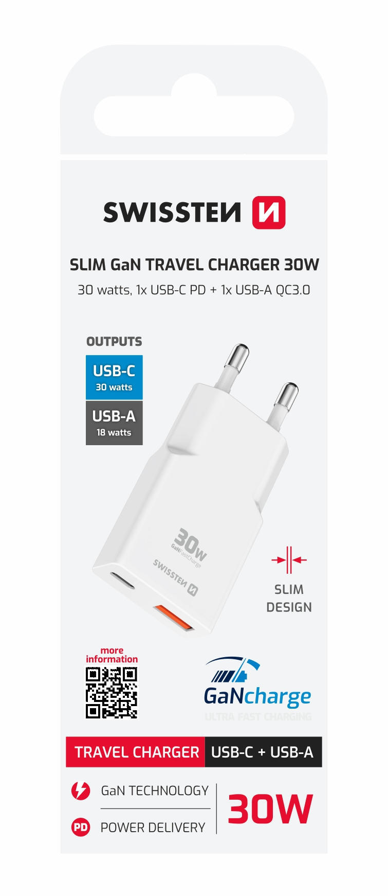SWISSTEN Carregador GaN 30W Slim, 1x USB-C PD, 1x USB-A, branco 3/3