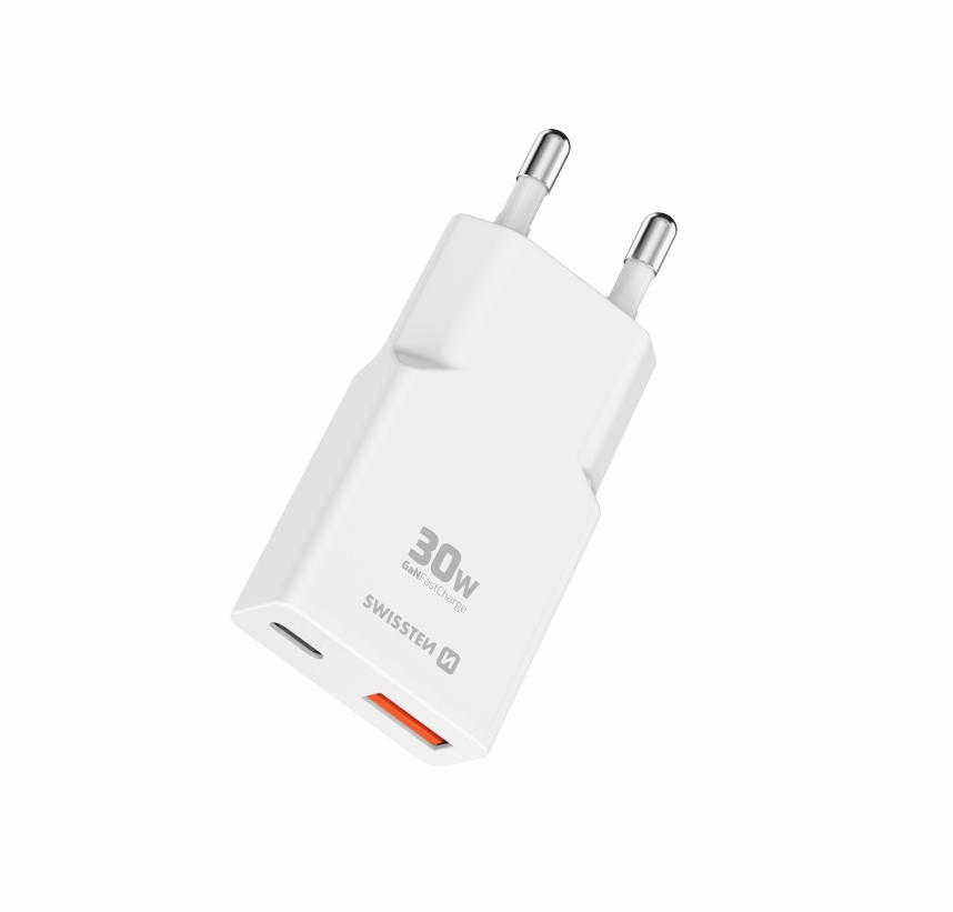 SWISSTEN Carregador GaN 30W Slim, 1x USB-C PD, 1x USB-A, branco 2/3