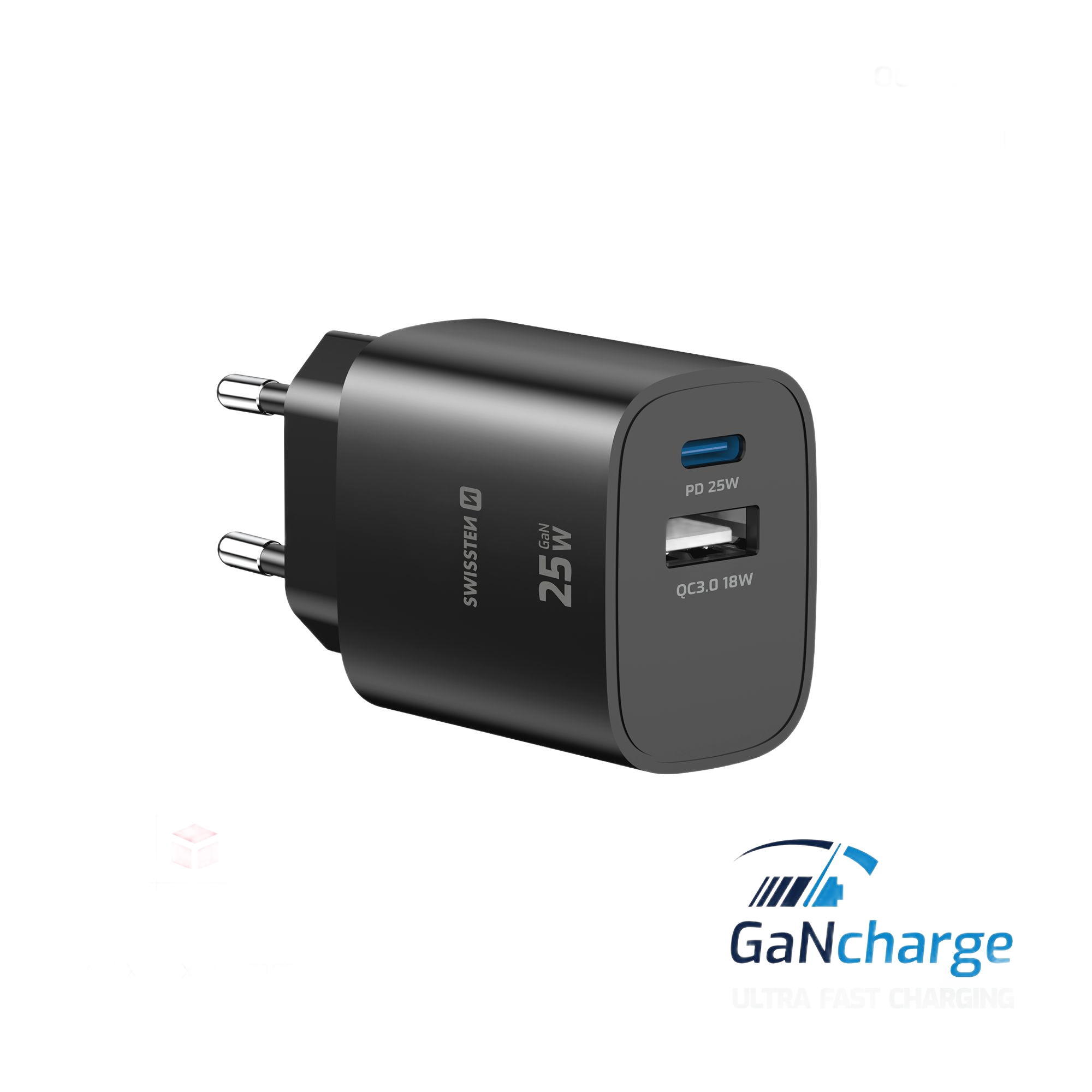 SWISSTEN GaN Edge Charger 55W - 1x USB-C PD 25W, 1x USB-A QC 18W, preto 2/7