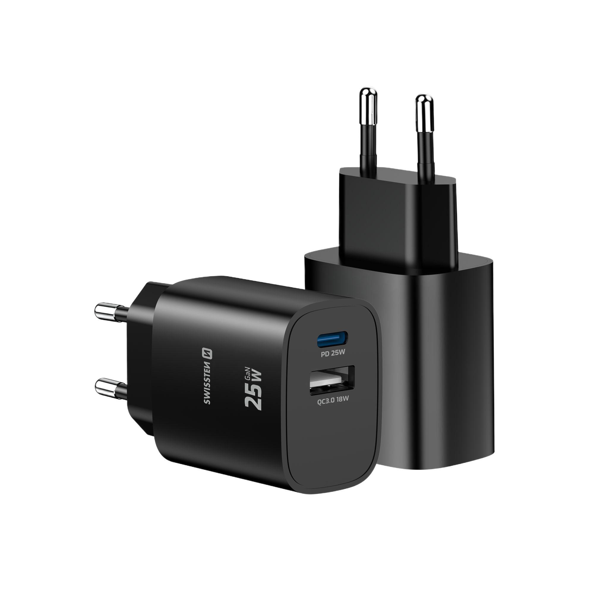 SWISSTEN GaN Edge Charger 55W - 1x USB-C PD 25W, 1x USB-A QC 18W, preto 6/7