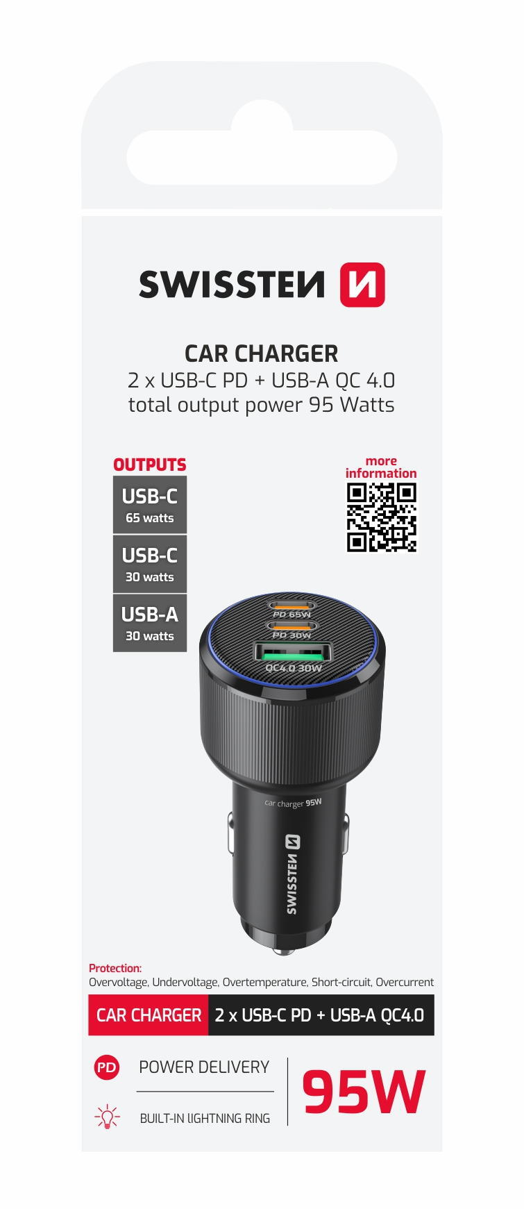 SWISSTEN Carregador auto 95W 2x USB-C PD + 1x USB-A 6/6