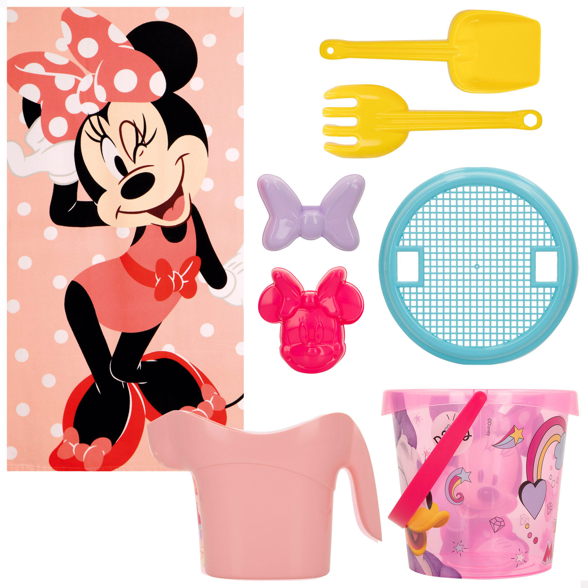 Minnie Conjunto de balde de praia com acessórios toalha e saco 5/7