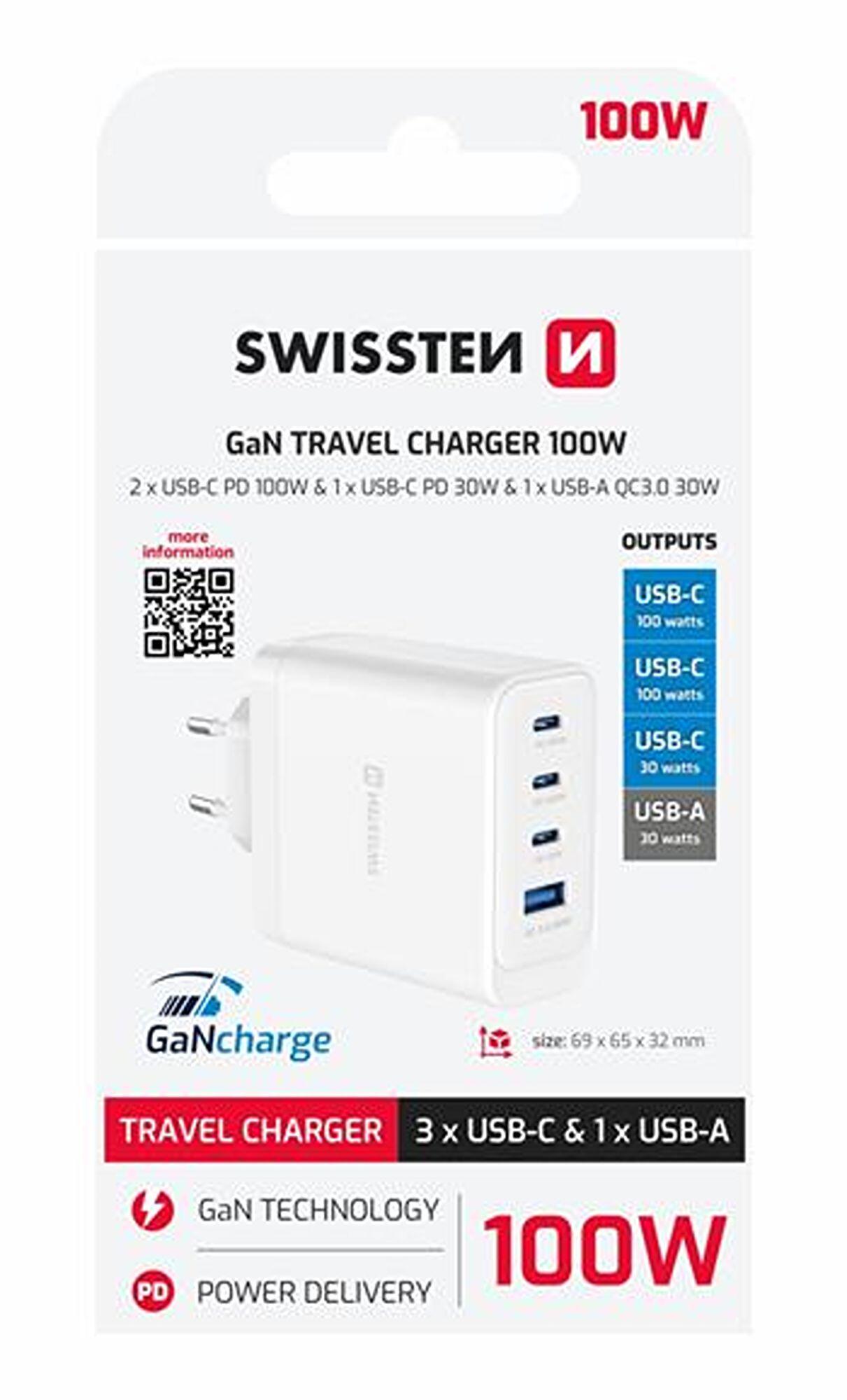 SWISSTEN Travel Charger GaN 100W, 3x USB-C, 1x USB-A, branco 7/7