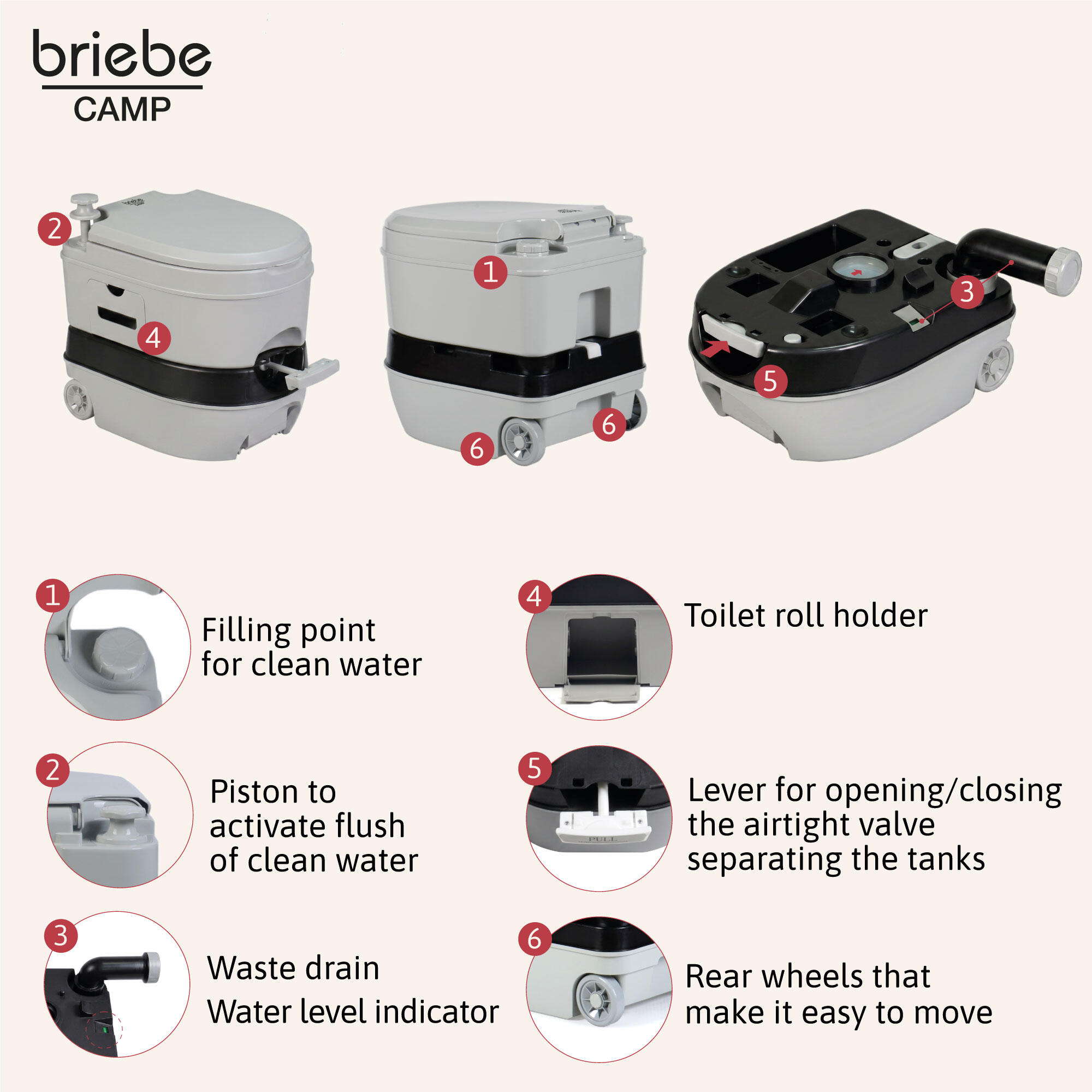 Tragbare Toilette mit Rädern 24L Camping, 20L-Wasserablauf-WC briebe Camp 4/7