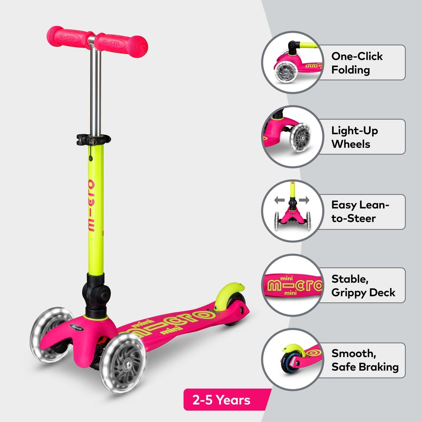 Patinete 3 Ruedas Micro Mini Deluxe Plegable NEON LED Amarillo-Rosa 7/7
