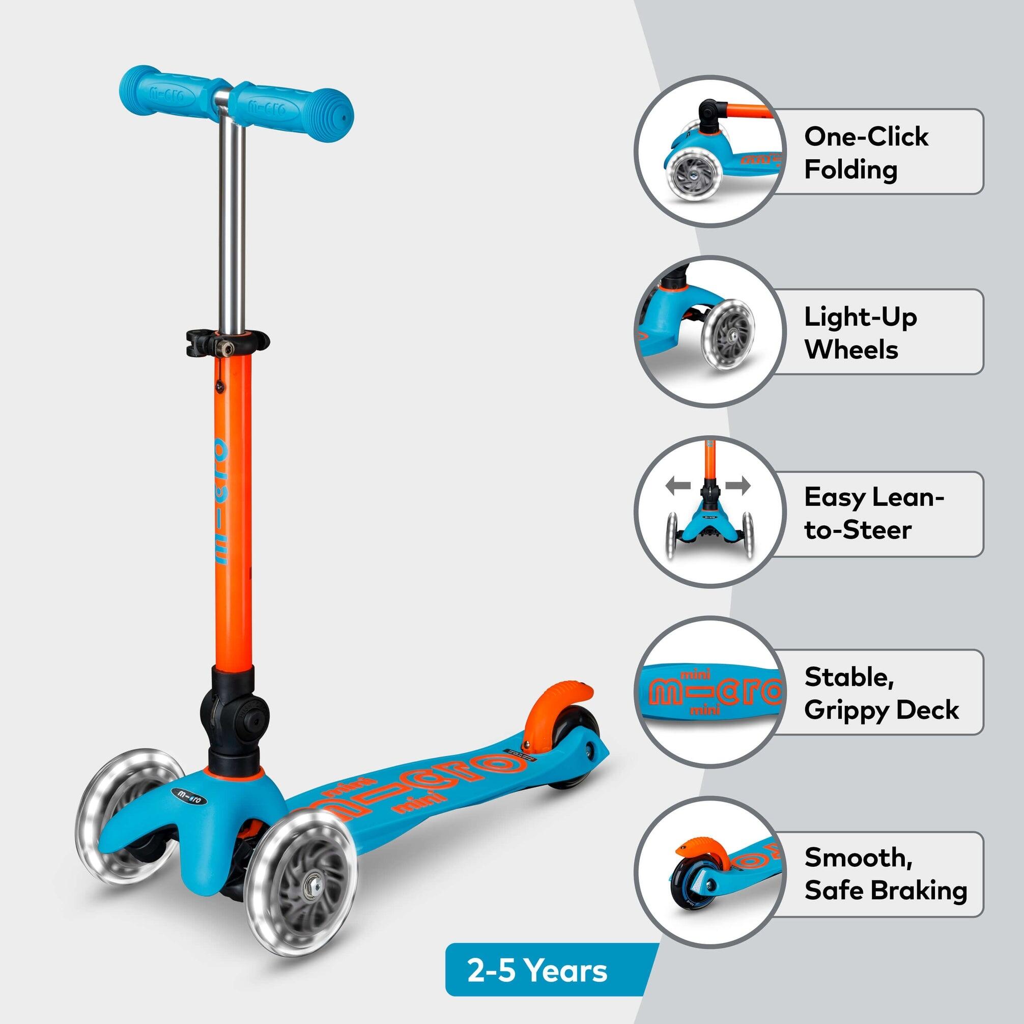 Patinete 3 Ruedas Micro Mini Deluxe Plegable NEON LED Azul-Naranja 7/7