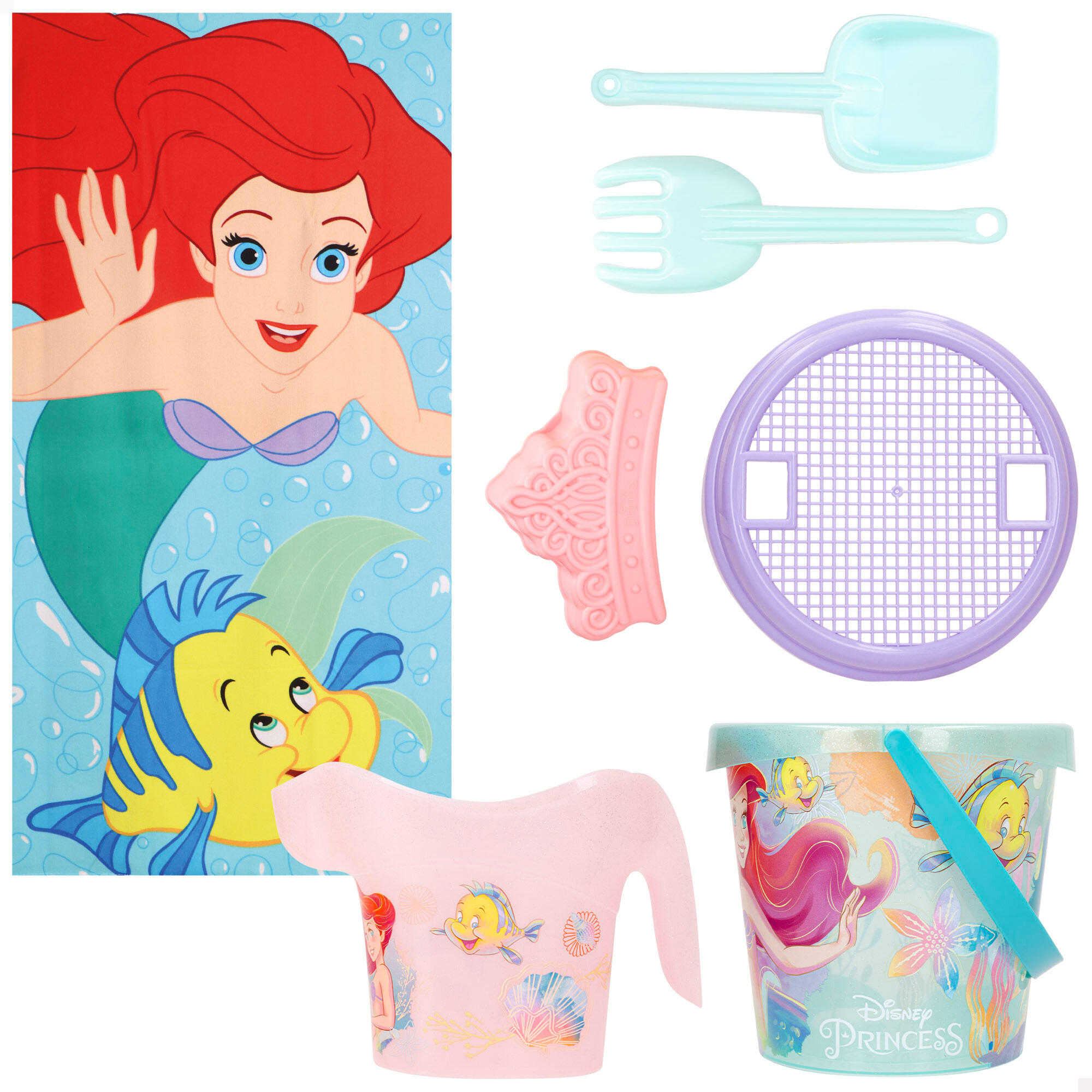 Conjunto de balde de praia a Pequena Sereia com acessórios toalha e saco 5/7