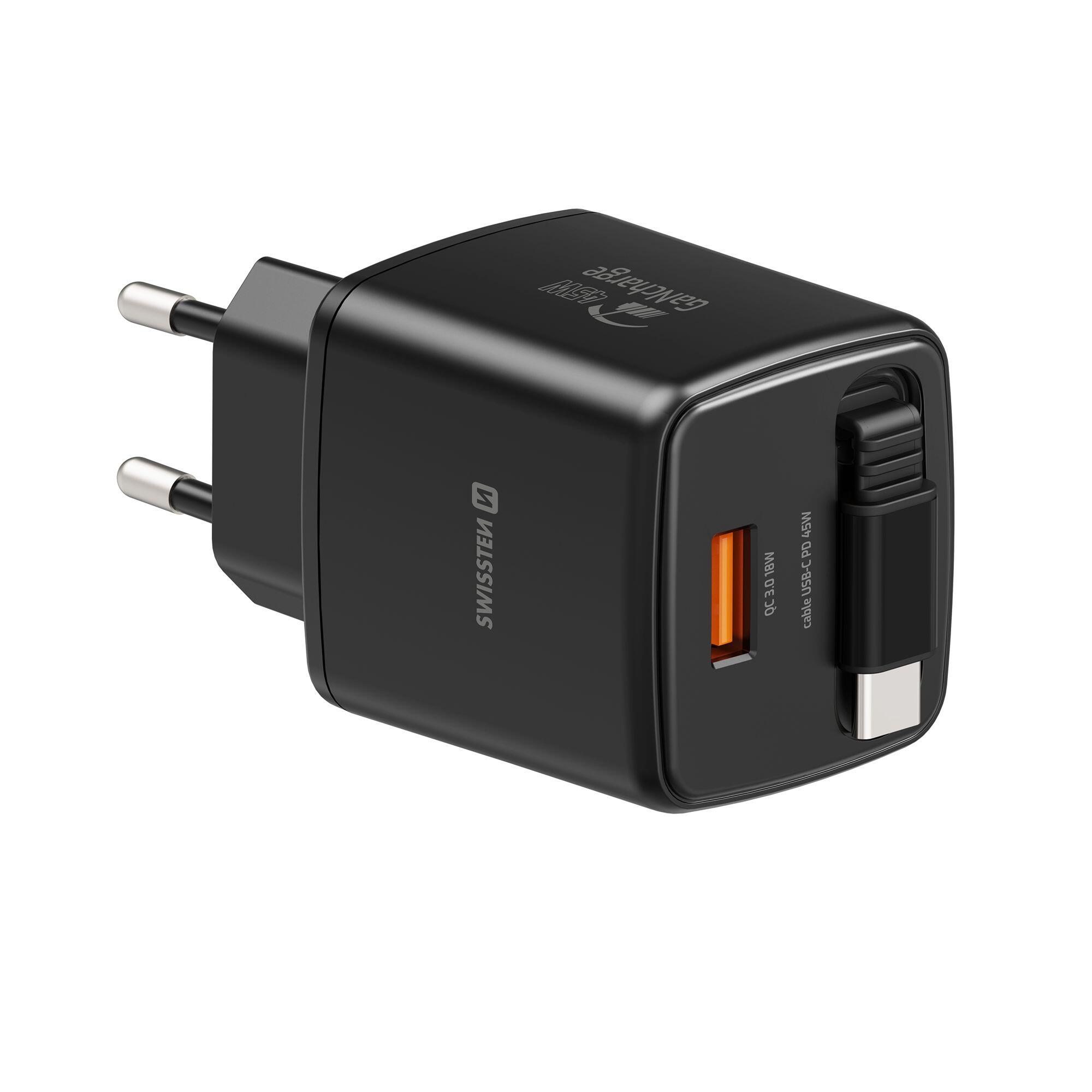 SWISSTEN SlideCharge GaN 45W, USB-C+USB-A, preto 2/6