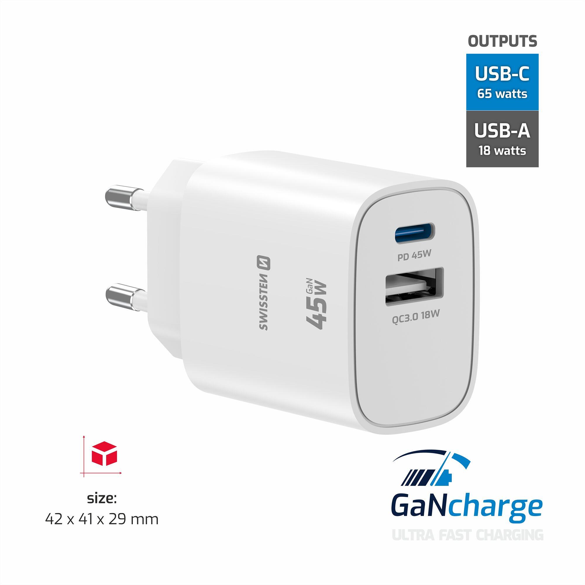 Carregador SWISSTEN GaN 45W, 1x USB-C PD, 1x USB-A, branco 2/7