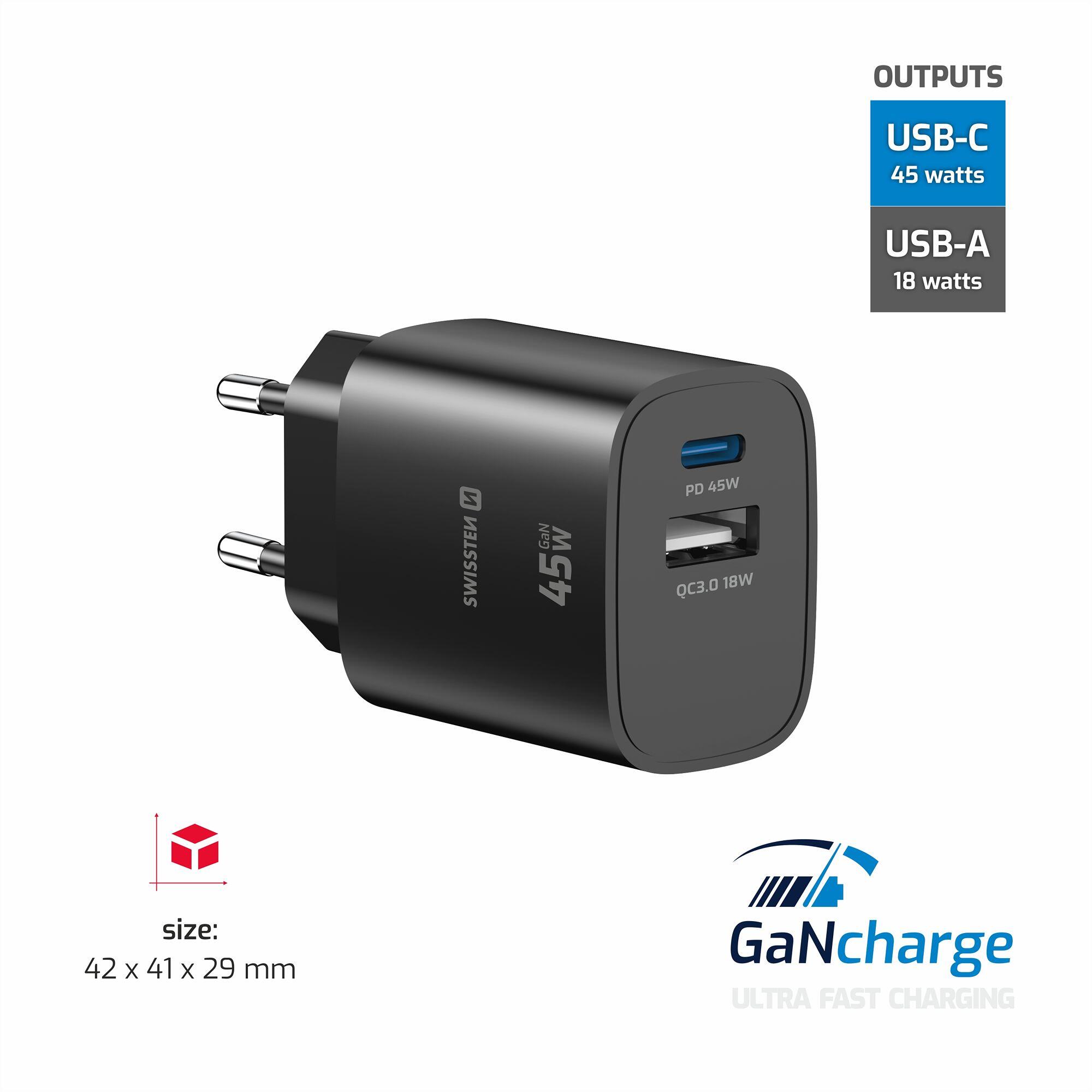 SWISSTEN GaN Edge Charger 45W - 1x USB-C PD 45W, 1x USB-A QC 18W, Preto 2/7