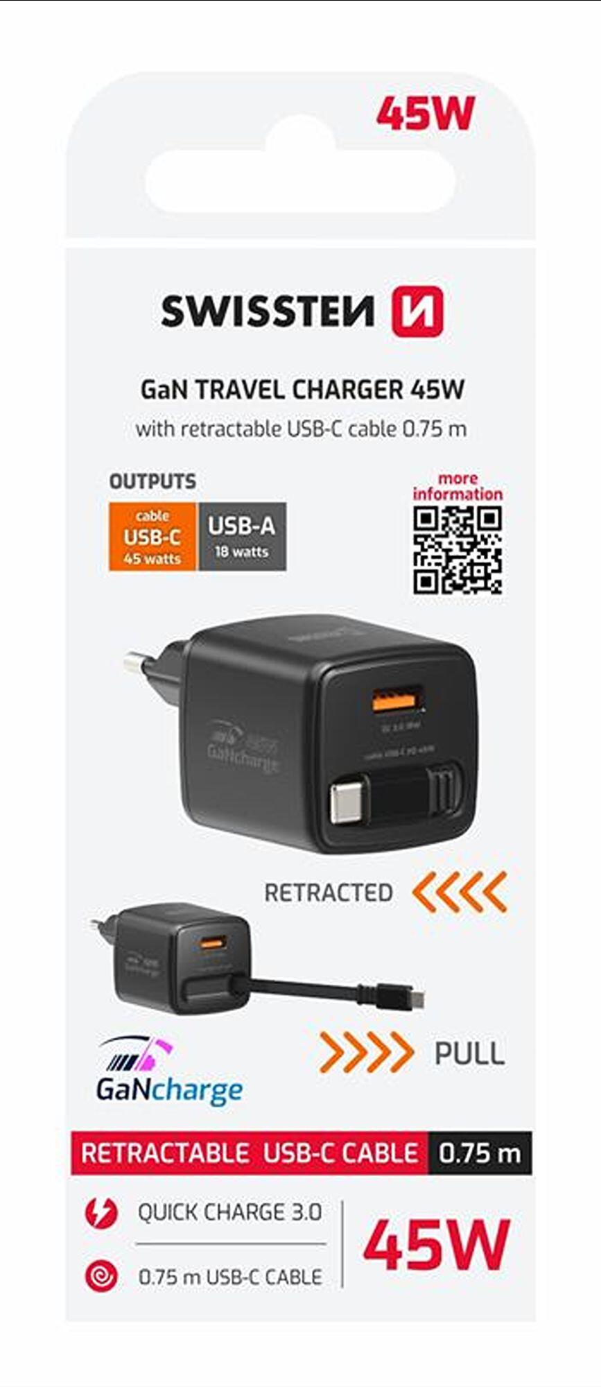 SWISSTEN SlideCharge GaN 45W, USB-C+USB-A, preto 6/6