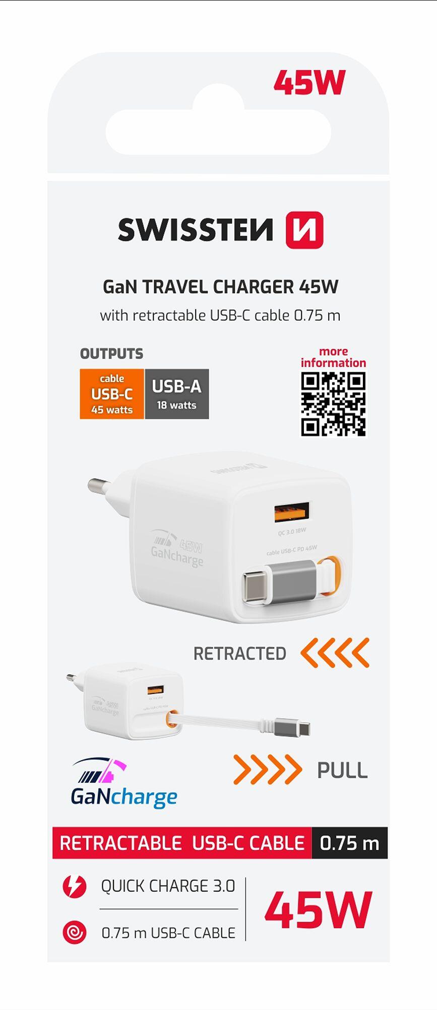 SWISSTEN SlideCharge GaN 45W, 1x USB-C 45W, 1x USB-A QC18W, branco 6/6