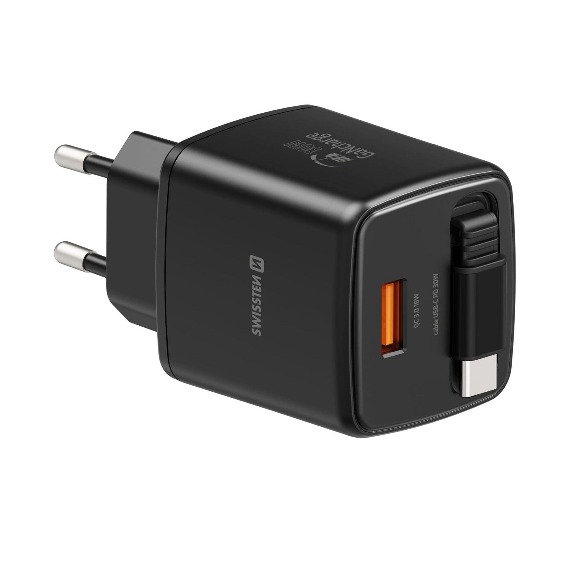 SWISSTEN SlideCharge GaN 30W, USB-C 30W, USB-A 18W, cabo retrátil 2/7