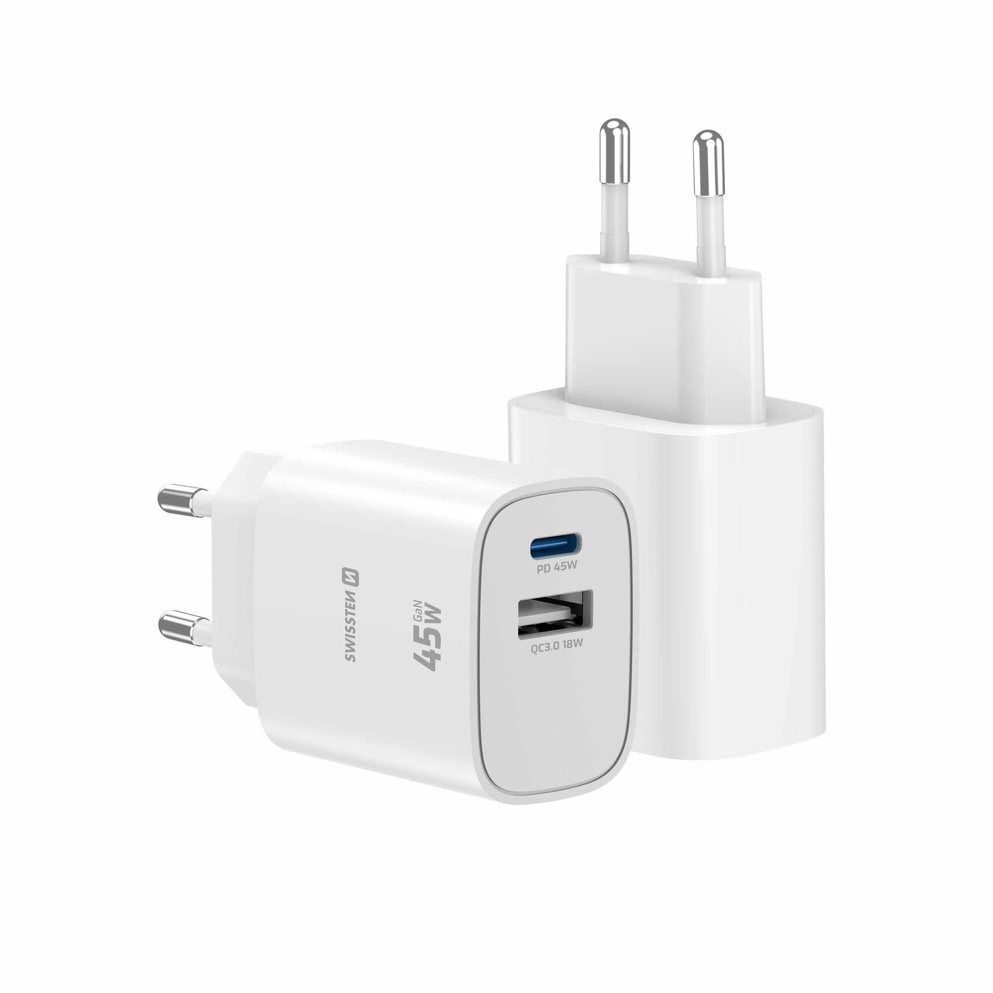 Carregador SWISSTEN GaN 45W, 1x USB-C PD, 1x USB-A, branco 6/7