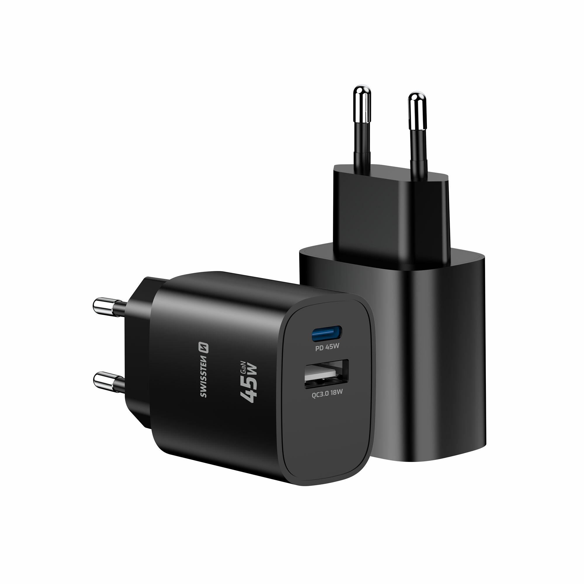SWISSTEN GaN Edge Charger 45W - 1x USB-C PD 45W, 1x USB-A QC 18W, Preto 6/7
