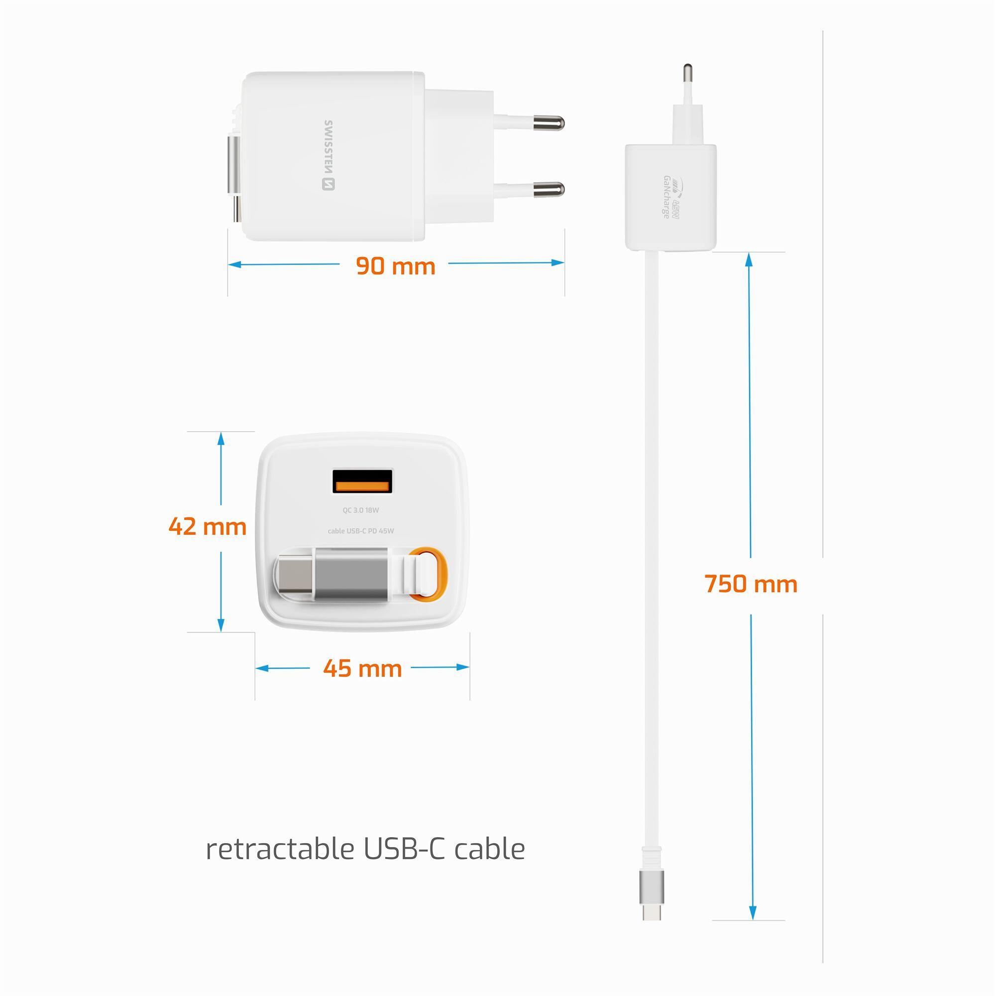 SWISSTEN SlideCharge GaN 45W, 1x USB-C 45W, 1x USB-A QC18W, branco 5/6