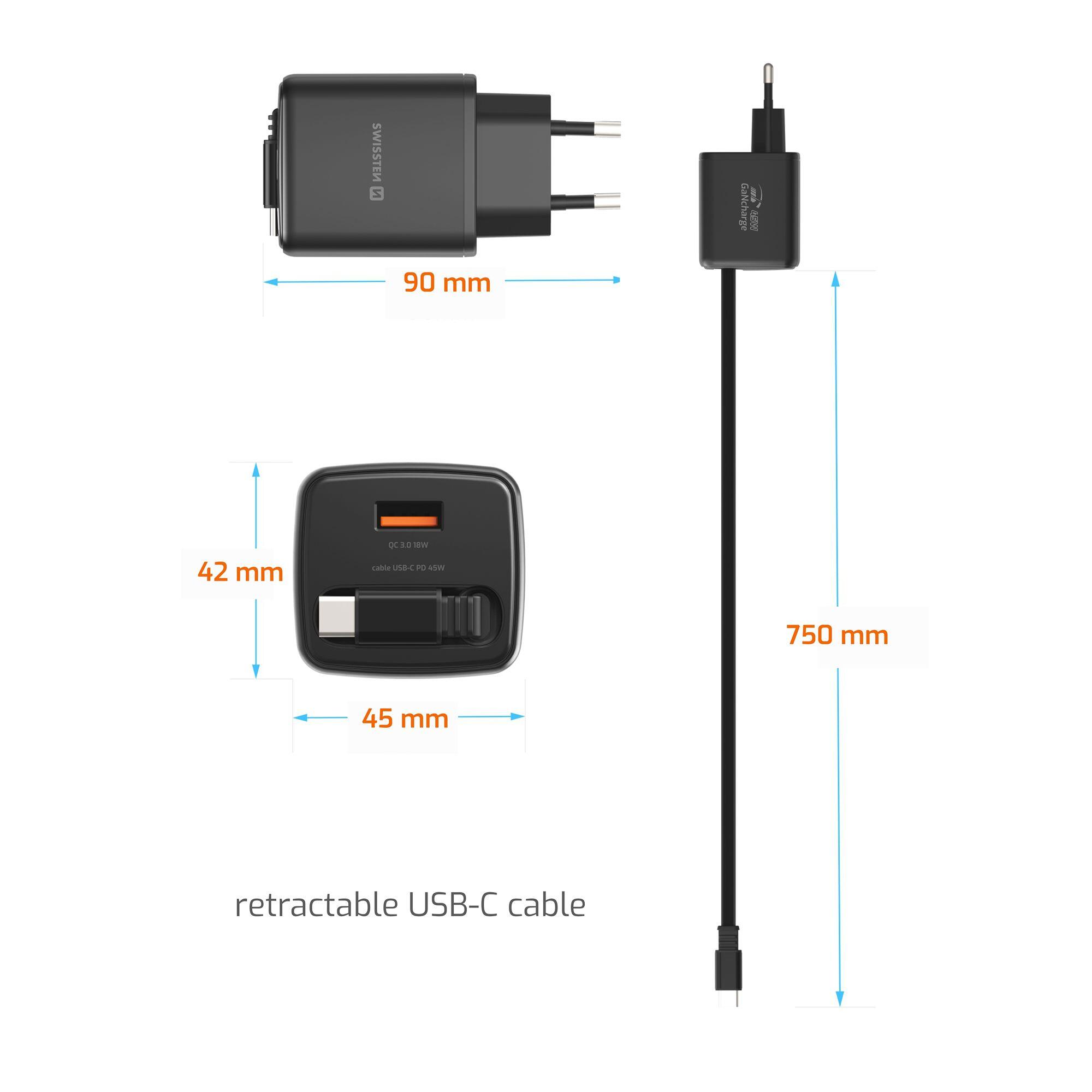 SWISSTEN SlideCharge GaN 45W, USB-C+USB-A, preto 5/6