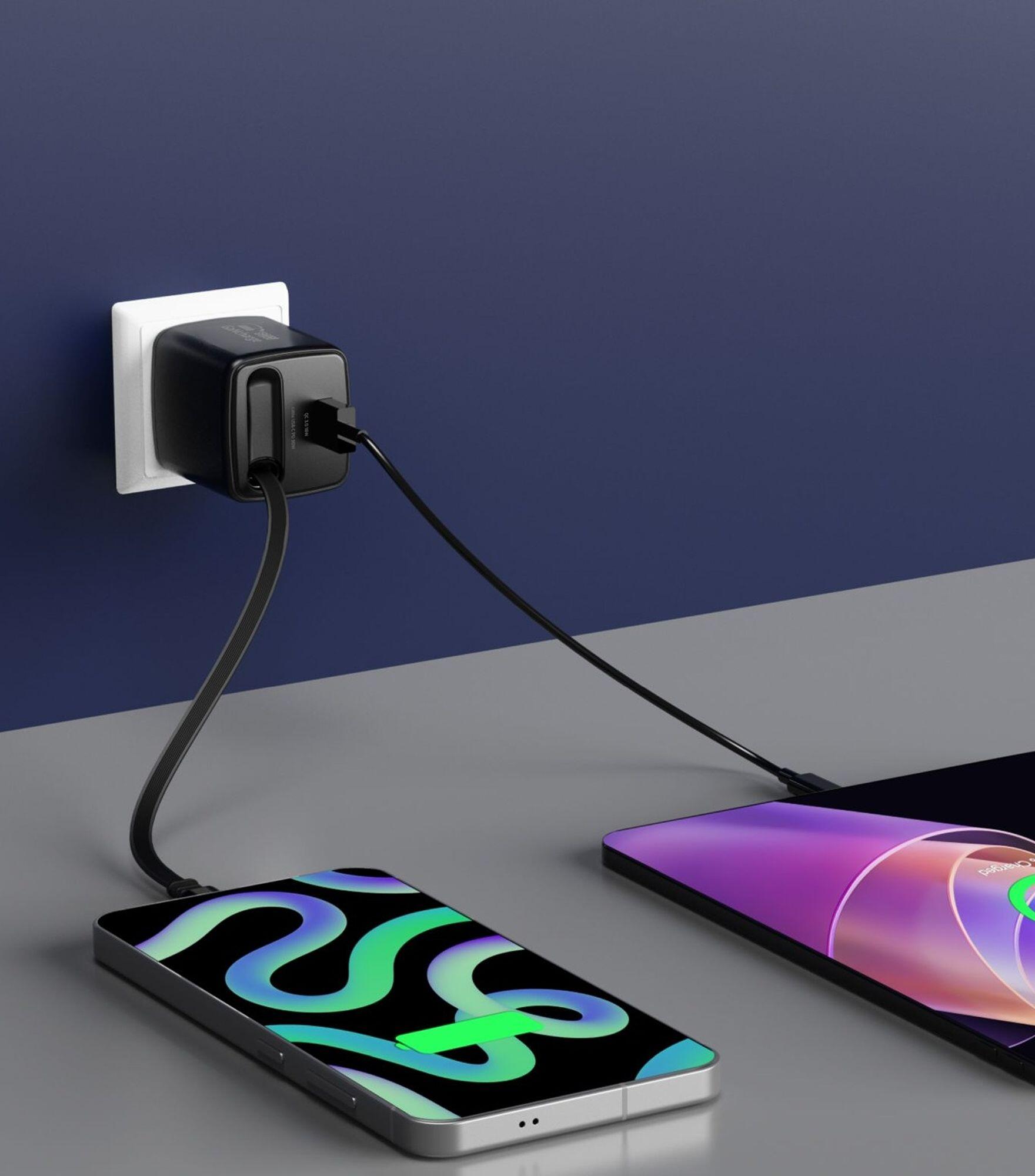 SWISSTEN SlideCharge GaN 30W, USB-C 30W, USB-A 18W, cabo retrátil 6/7