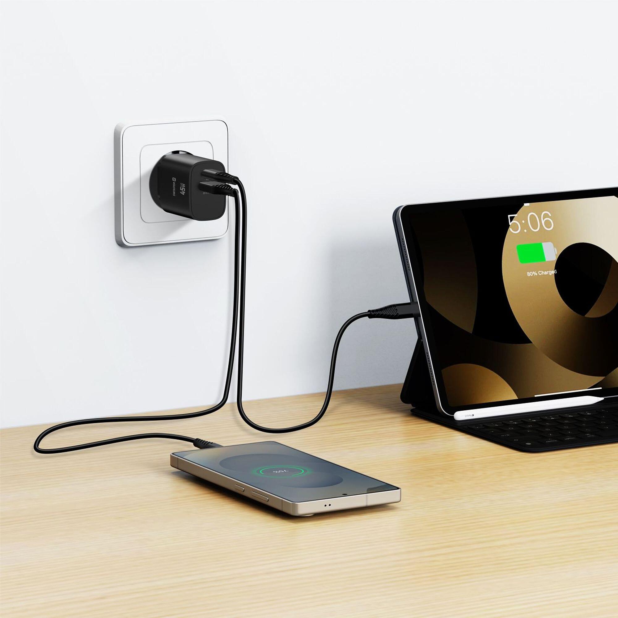 SWISSTEN GaN Edge Charger 45W - 1x USB-C PD 45W, 1x USB-A QC 18W, Preto 7/7