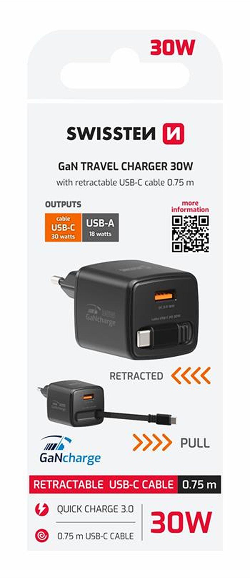 SWISSTEN SlideCharge GaN 30W, USB-C 30W, USB-A 18W, cabo retrátil 7/7