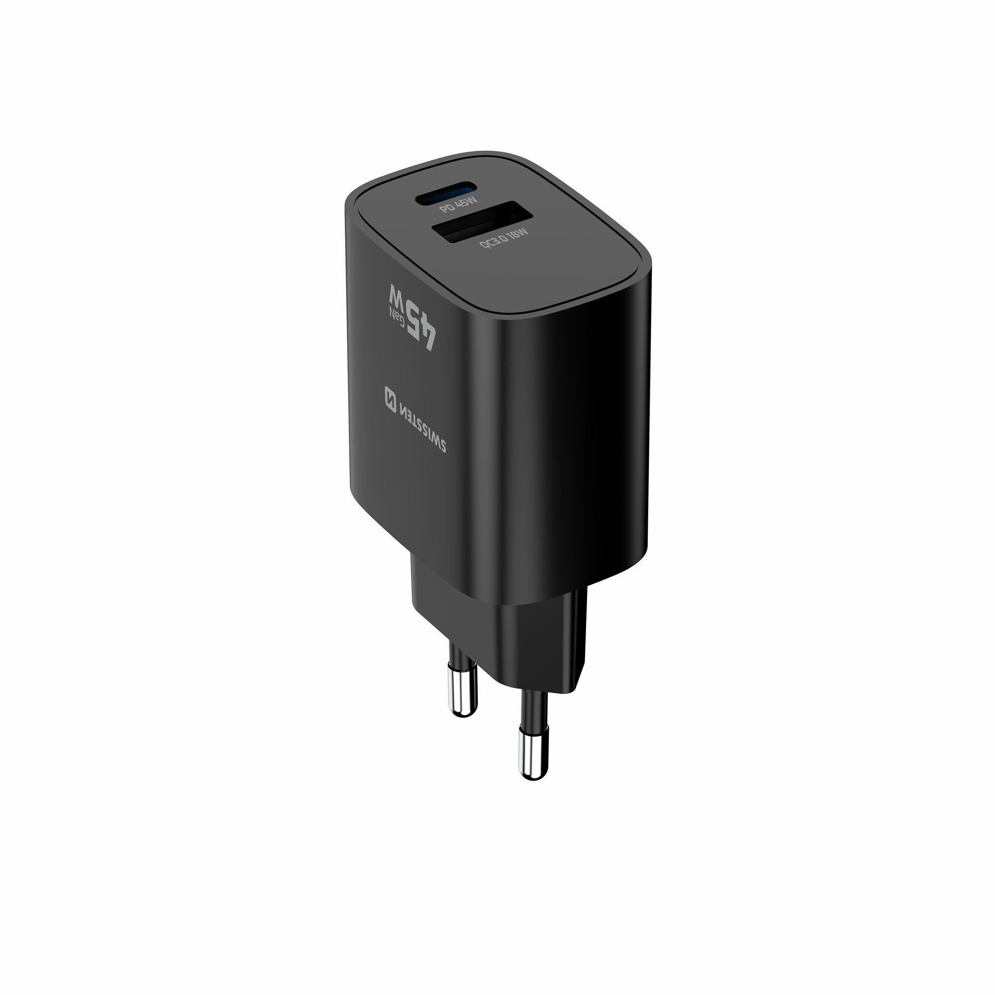 SWISSTEN GaN Edge Charger 45W - 1x USB-C PD 45W, 1x USB-A QC 18W, Preto 5/7