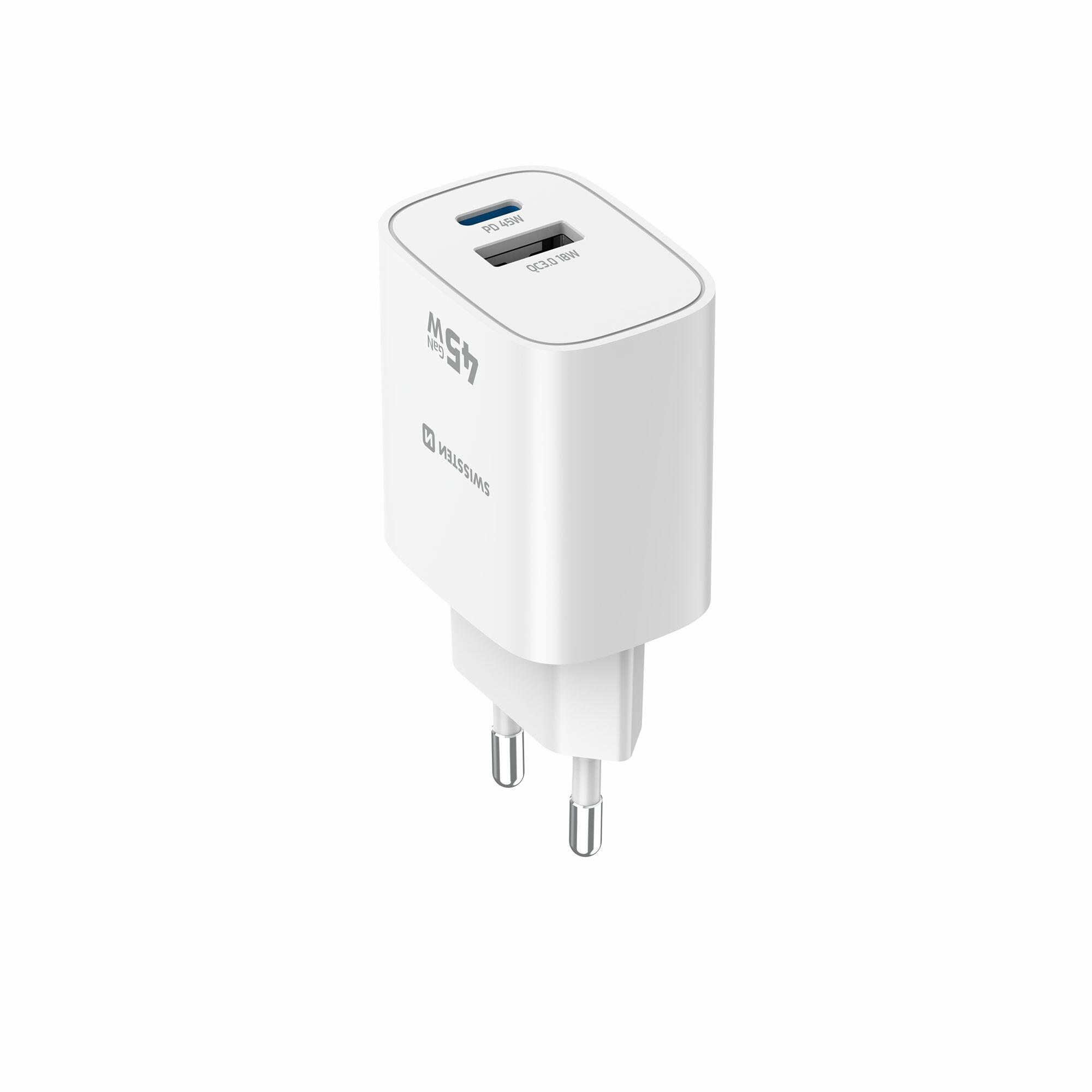 Carregador SWISSTEN GaN 45W, 1x USB-C PD, 1x USB-A, branco 5/7