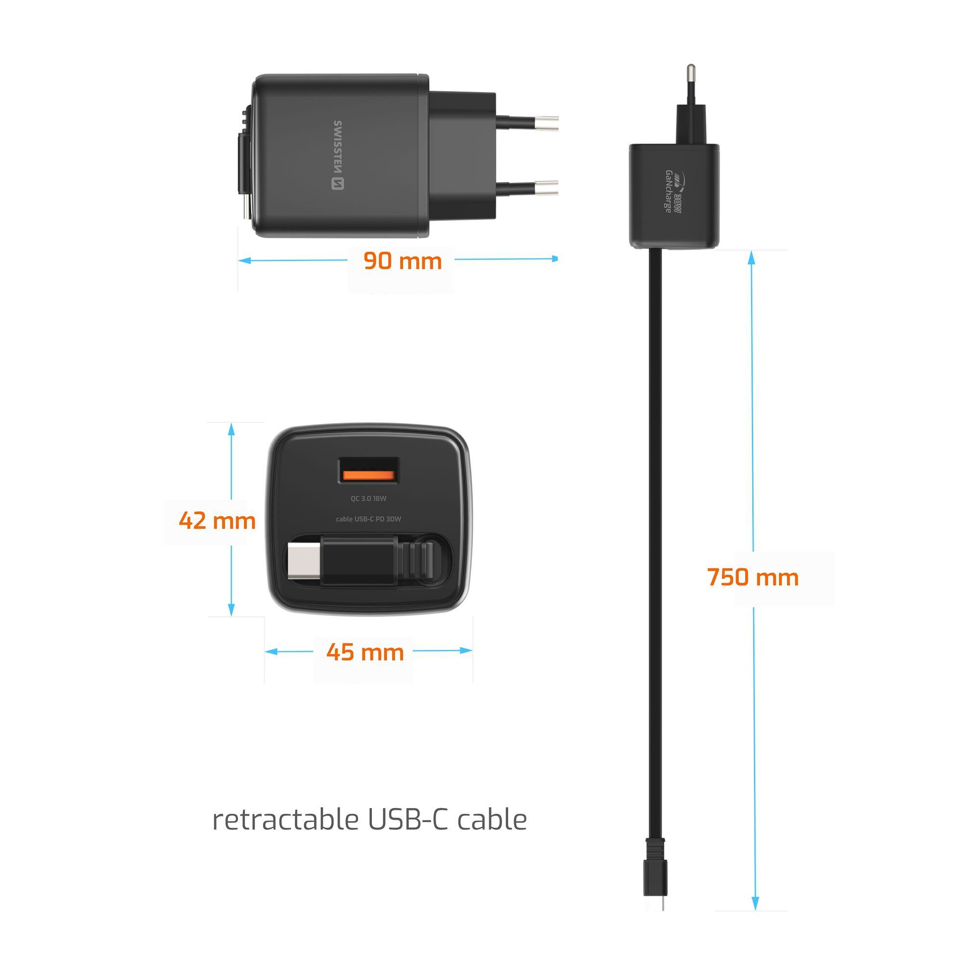 SWISSTEN SlideCharge GaN 30W, USB-C 30W, USB-A 18W, cabo retrátil 5/7
