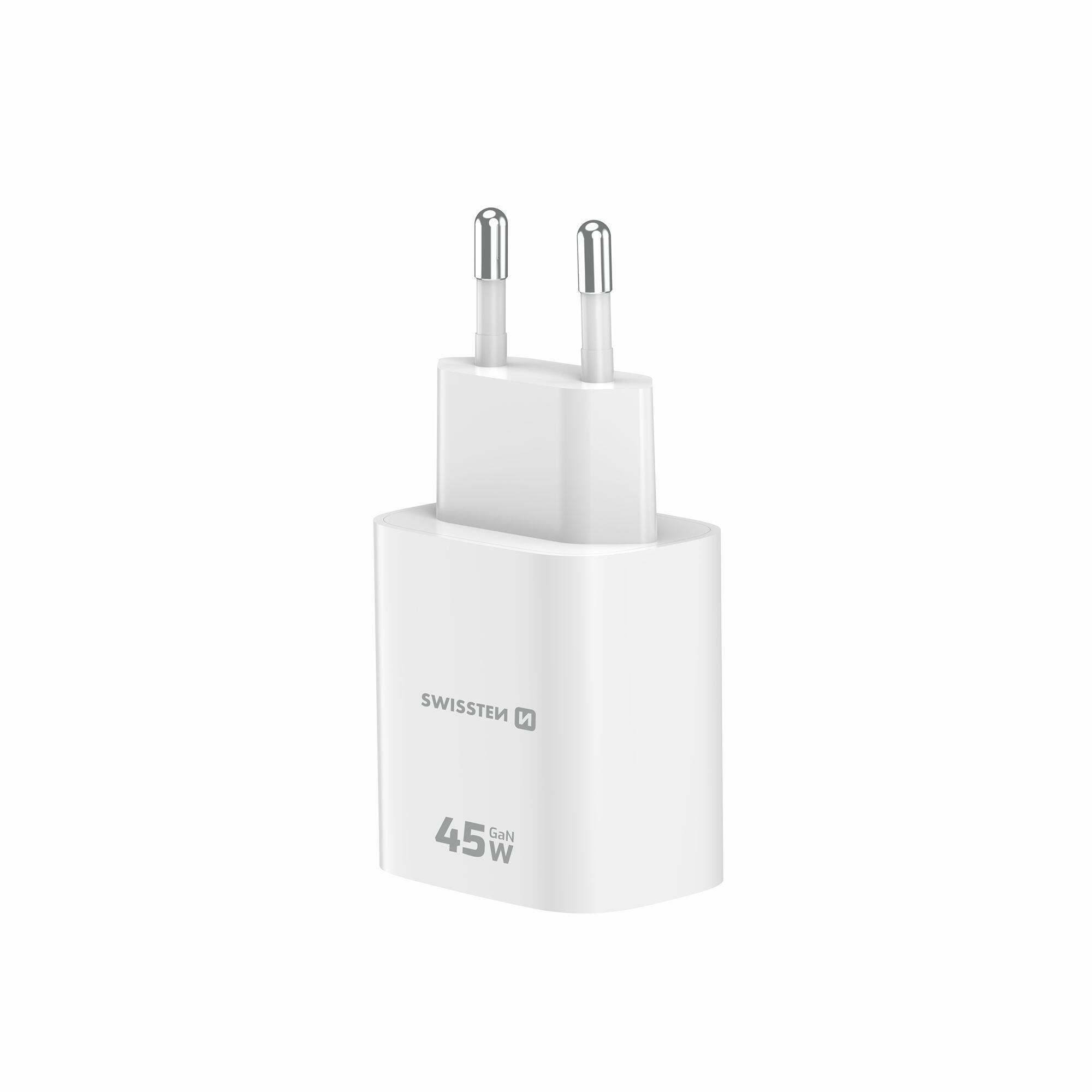Carregador SWISSTEN GaN 45W, 1x USB-C PD, 1x USB-A, branco 4/7